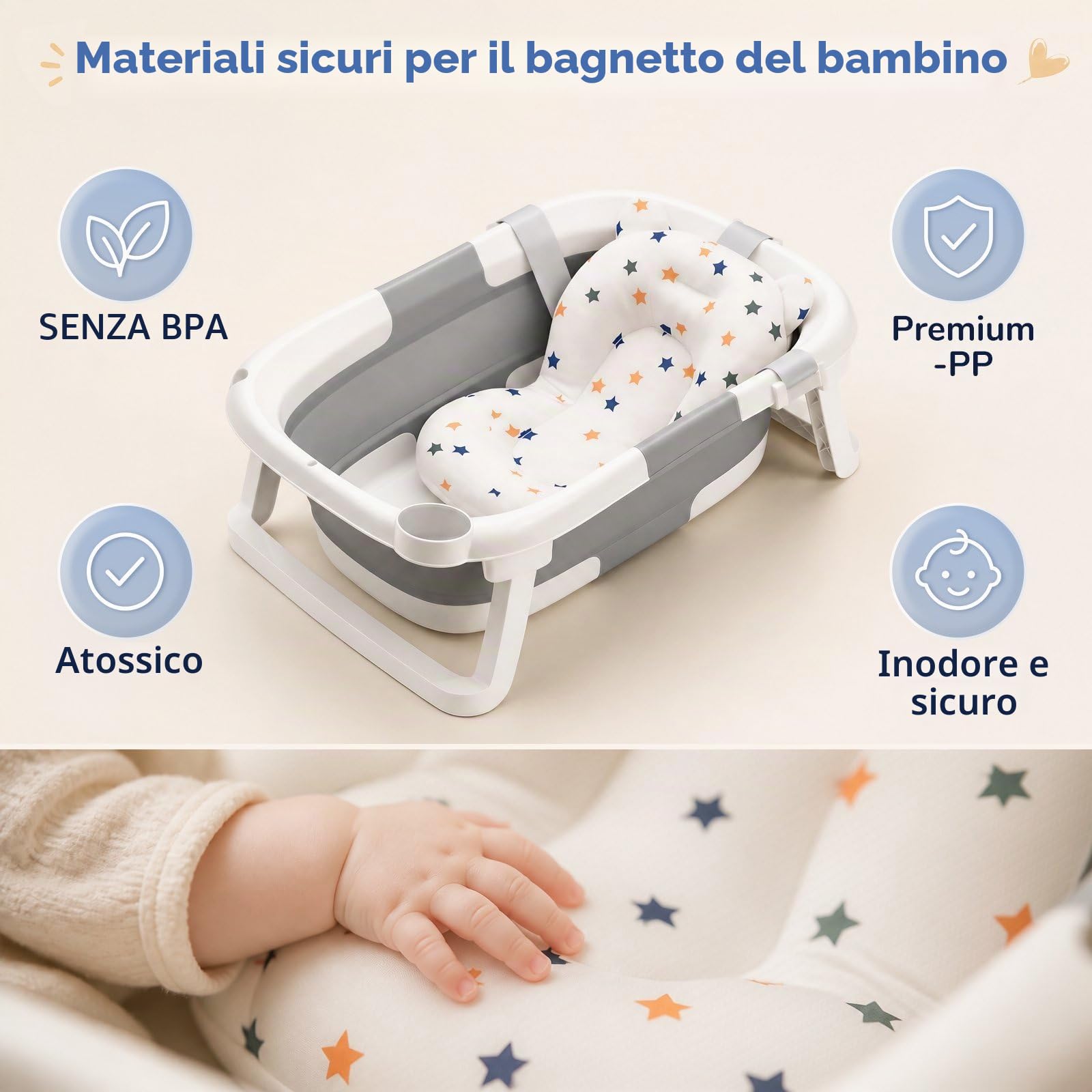 DEANIC Vasca Neonato Pieghevole Grigia 0-24 Mesi con Cuscino