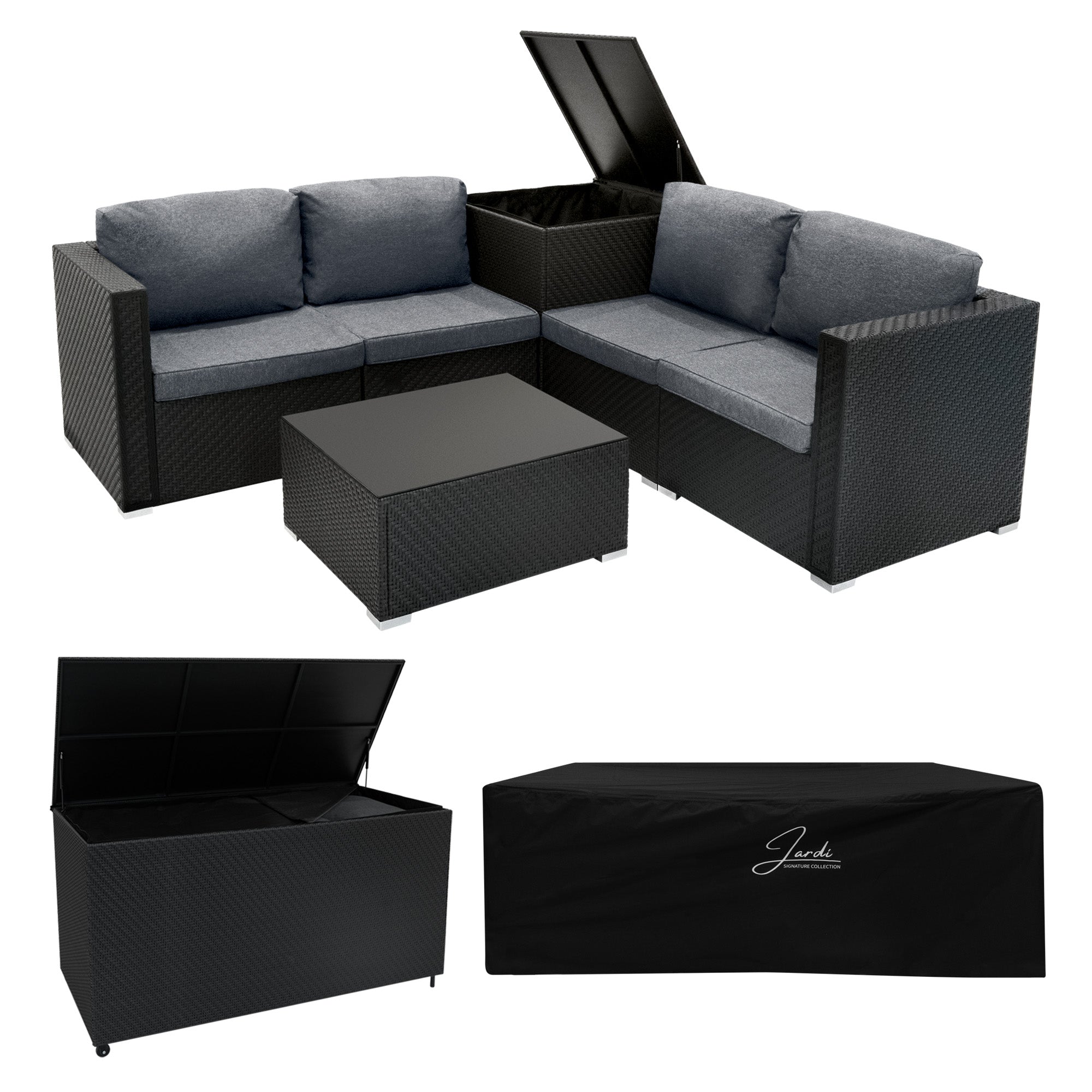 Q-Rax Set Rattan Nero 6 Pezzi Tavolino Bauli 250L+996L Giardino