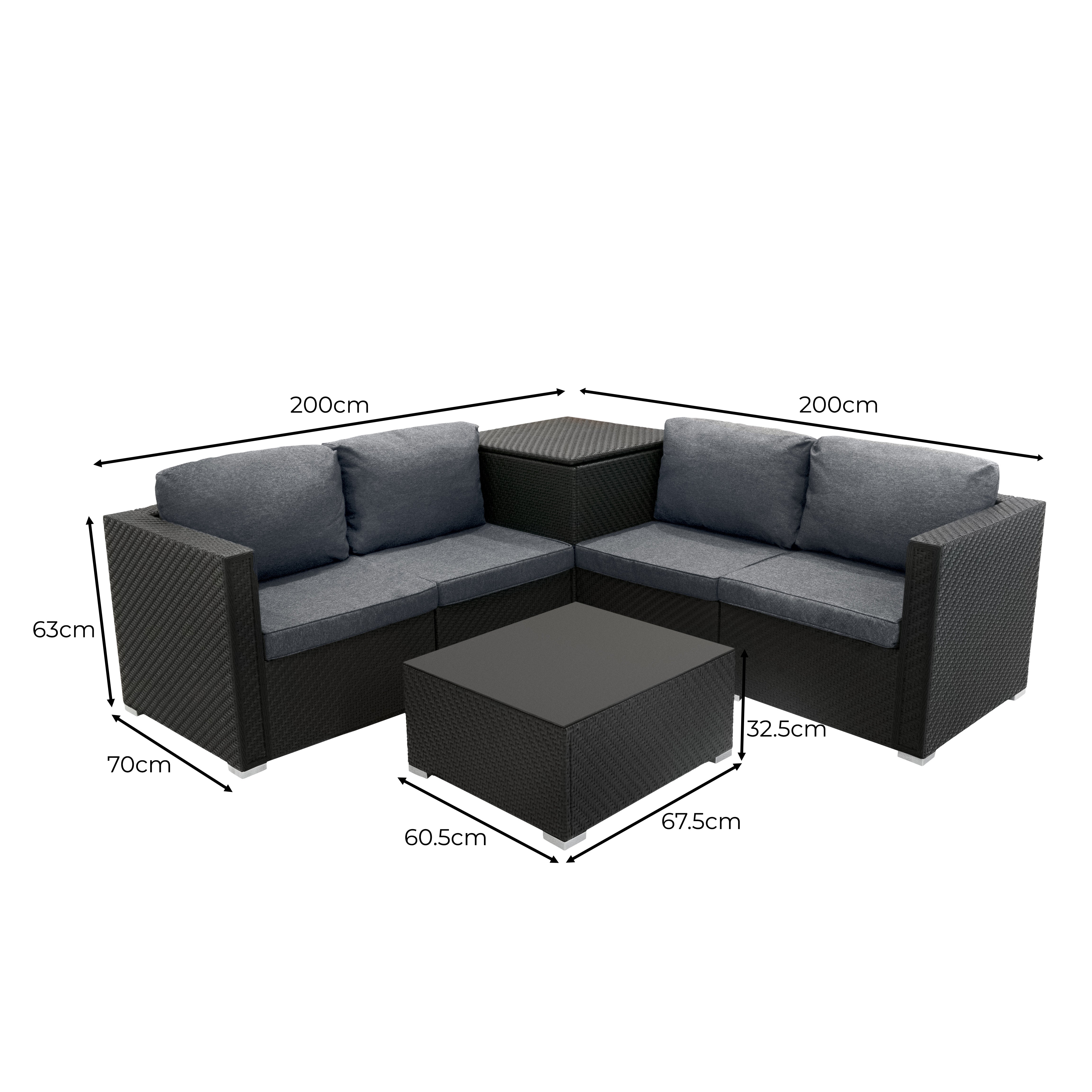 Q-Rax Set Rattan Nero 6 Pezzi con Tavolino e Bauli 250+700L