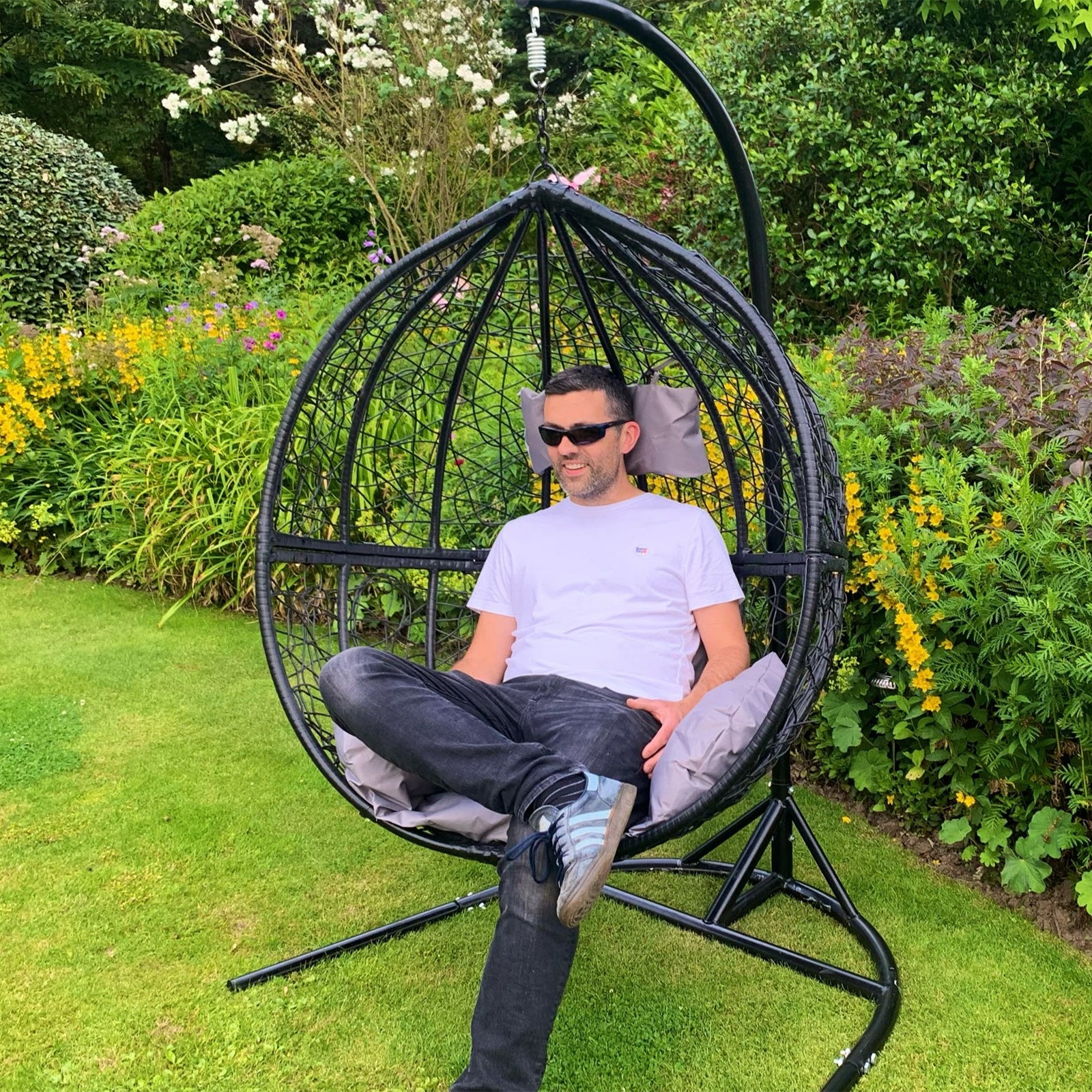 Q-Rax Sedia Sospesa Uovo Rattan Grigio con Cuscini