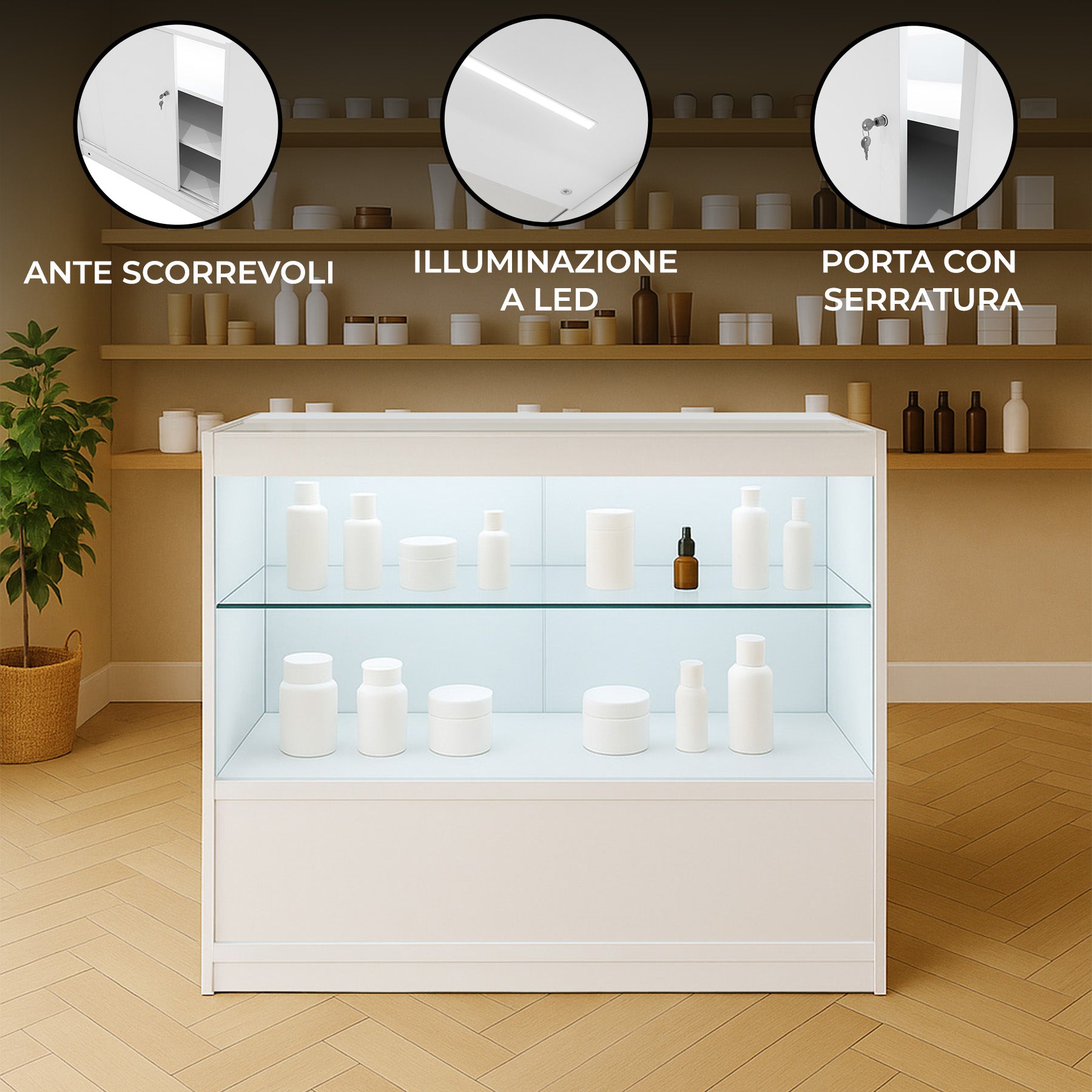 Q-Rax C900 Bancone da Negozio LED Bianco con Vetro
