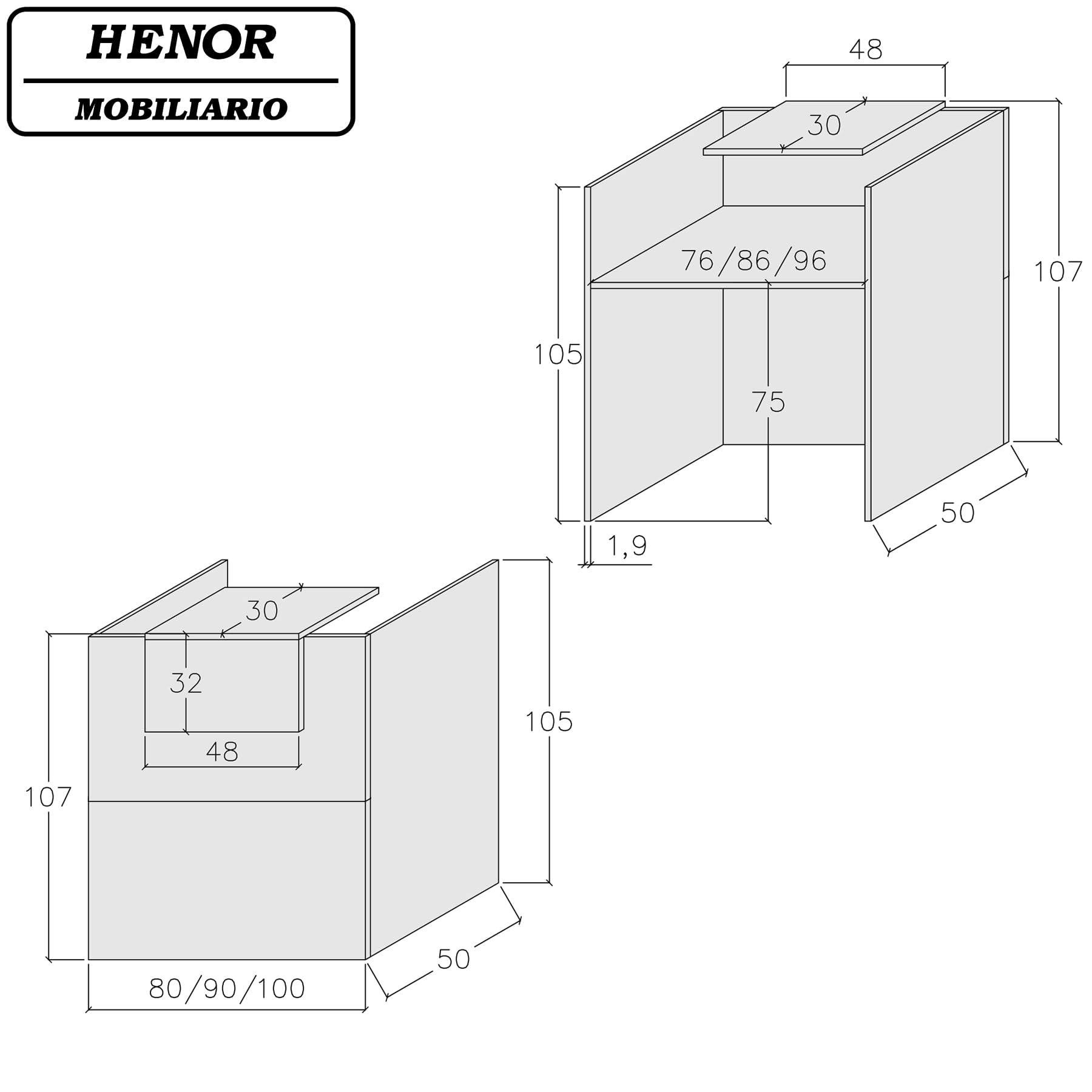 Henor Oja Bancone Reception 90 cm Bianco Ignifugo 107 cm