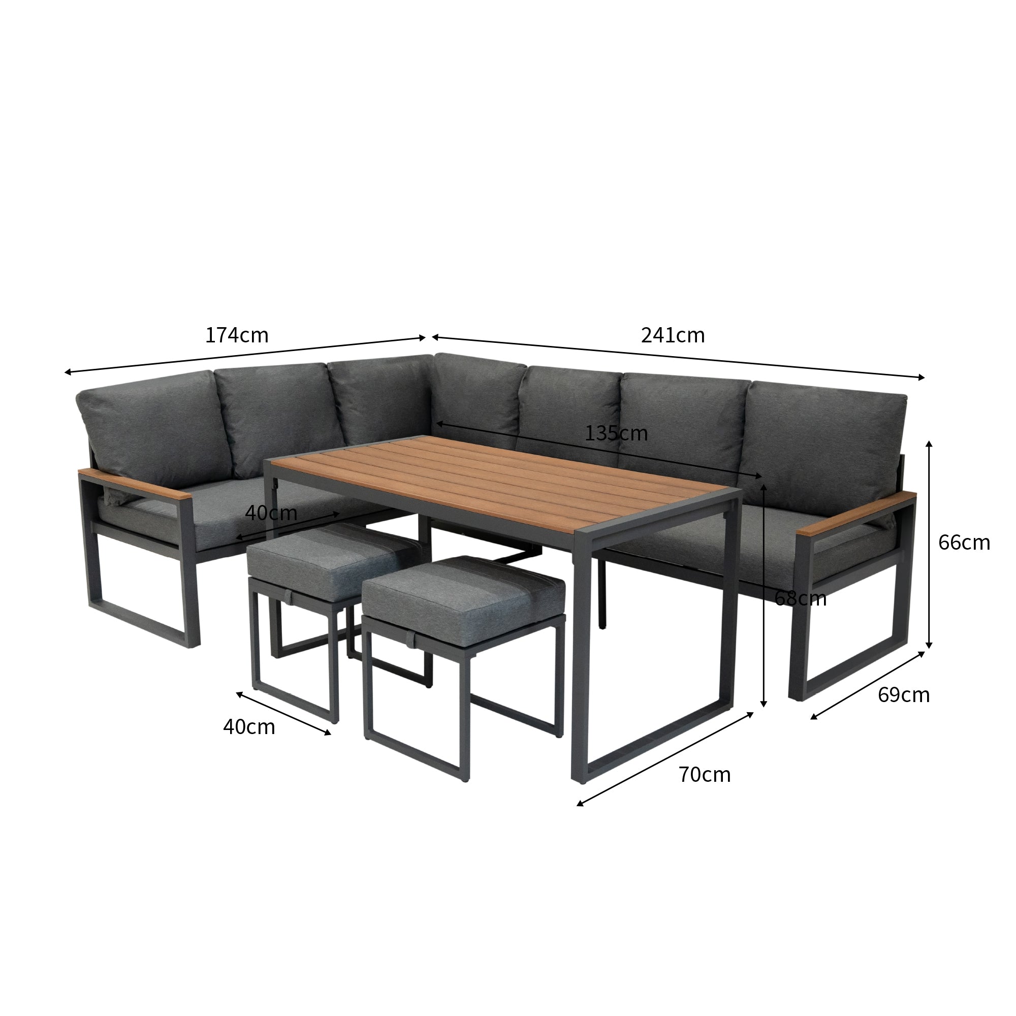 Q-Rax Set Divano Angolare Alluminio Effetto Legno Tavolo Vetro