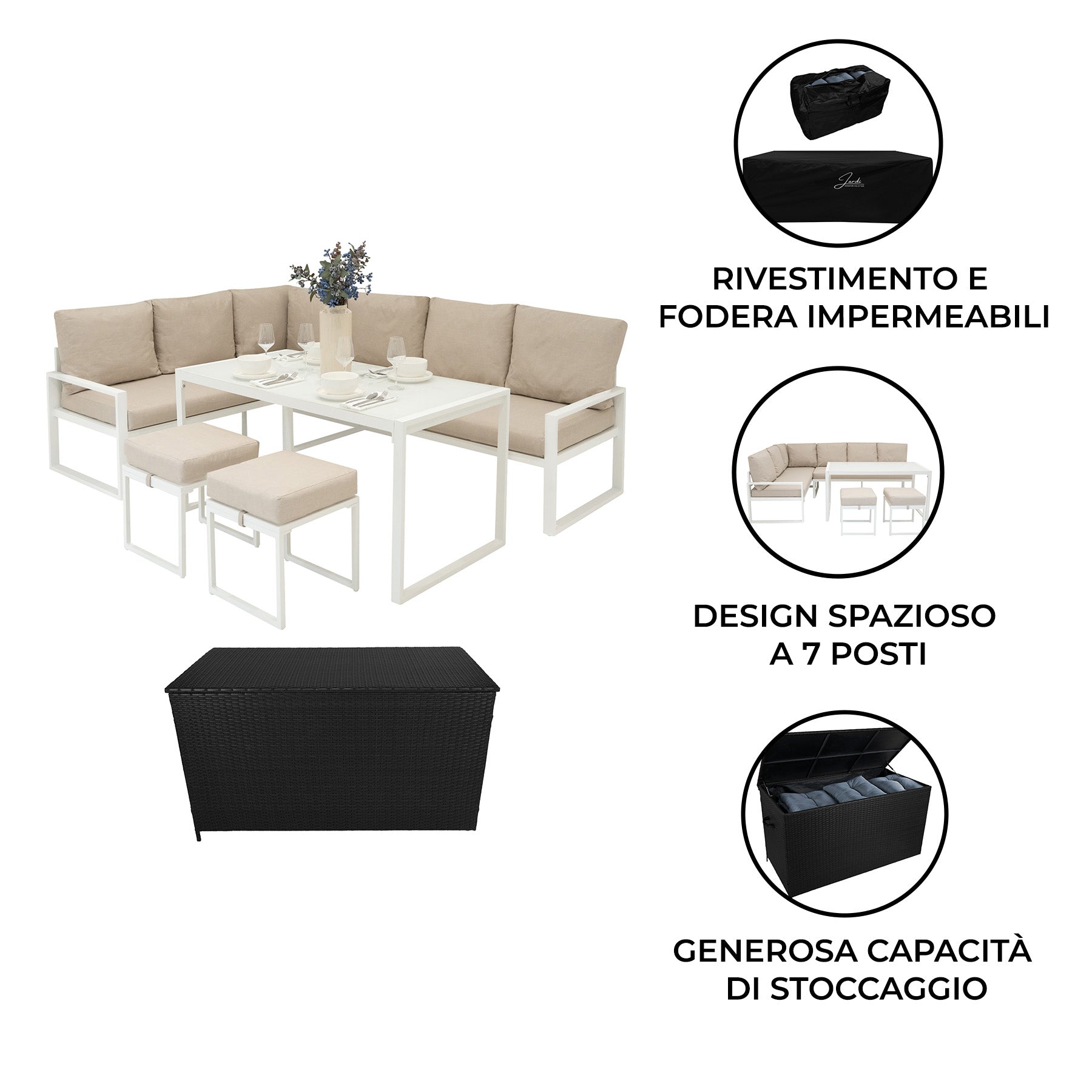 Q-Rax Mobili da Esterno Set Divano Angolare Alluminio Bianco con Cassapanca