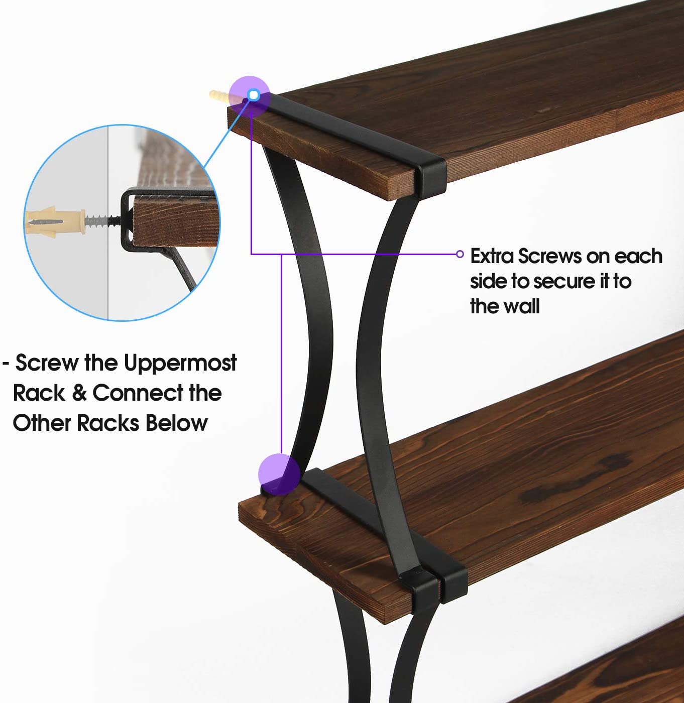 Jackcube Design Living Room Mensole Parete Legno 3 Pezzi Staffe Metallo