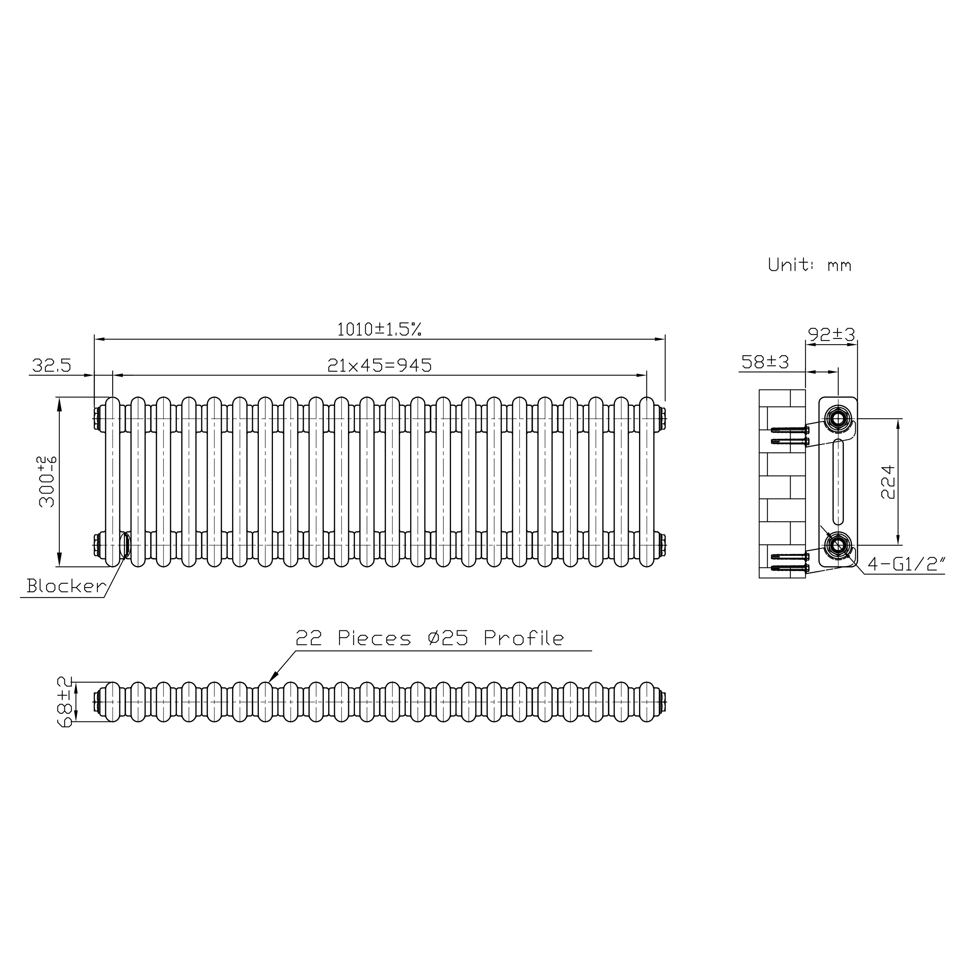 Q-Rax Radiatore 2 Colonne 300x1010 Metallo Grezzo + Valvole