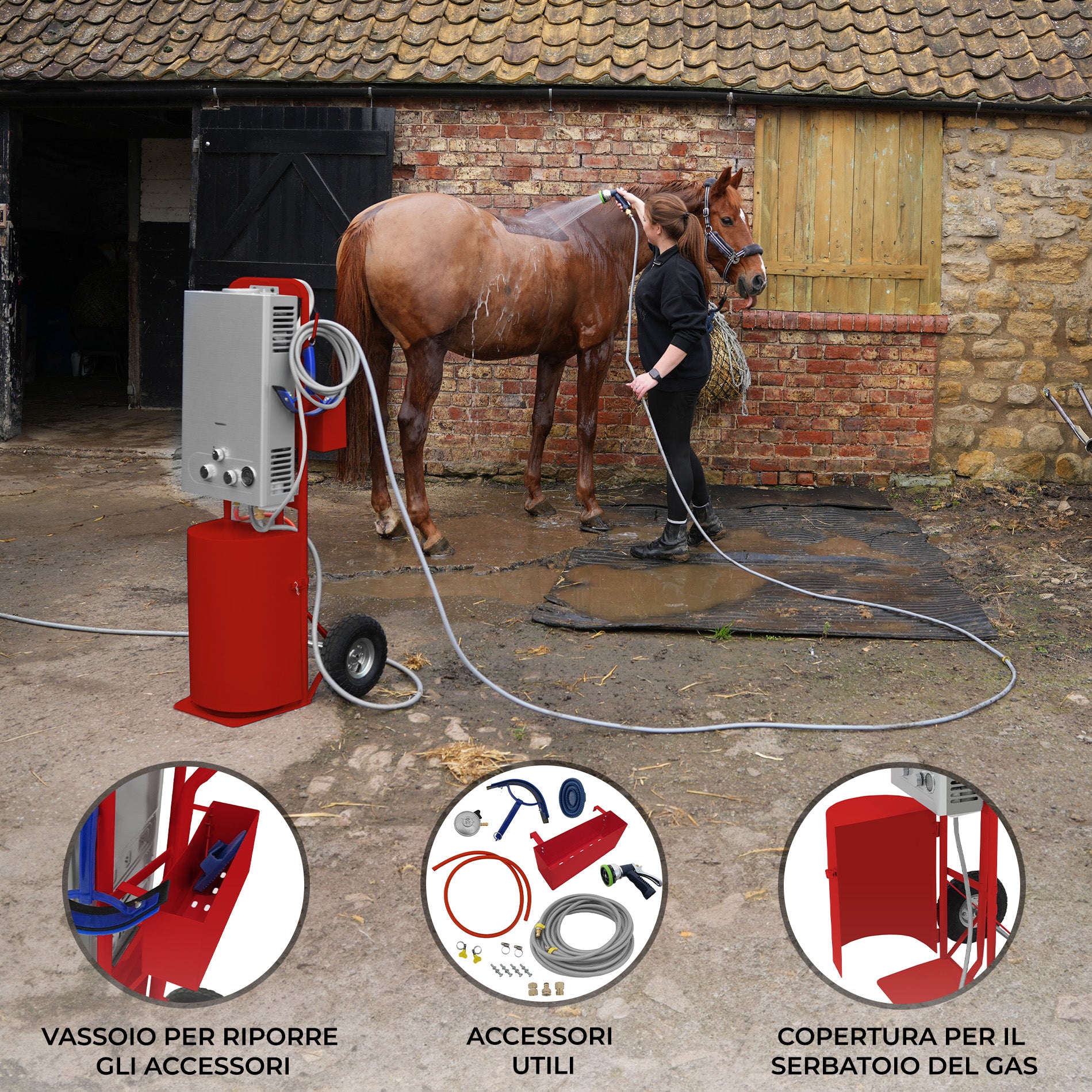 Q-Rax Doccia per Cavalli Portatile 18L Rossa Trolley