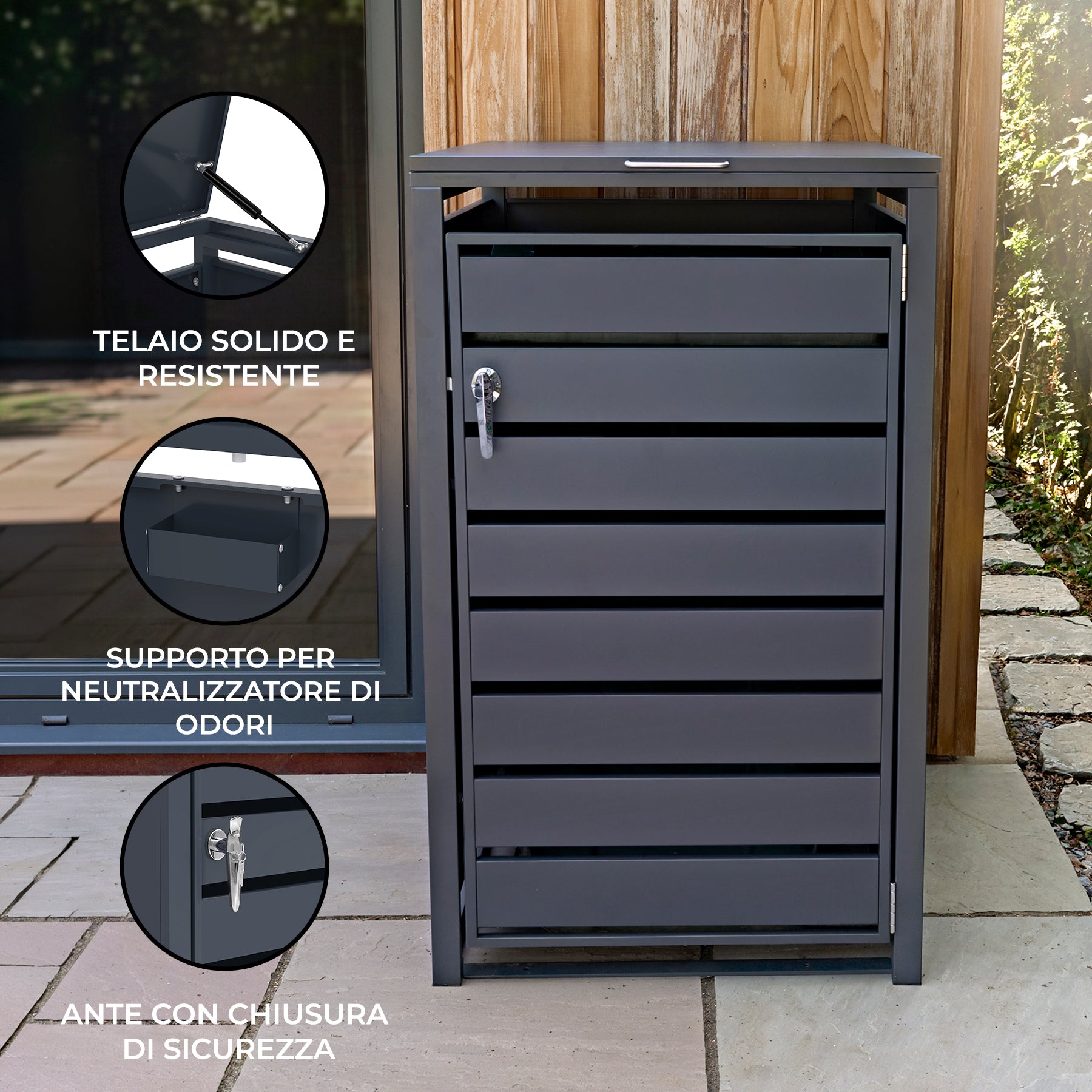 Q-Rax Copertura Bidone Metallo Antracite Singola 240L