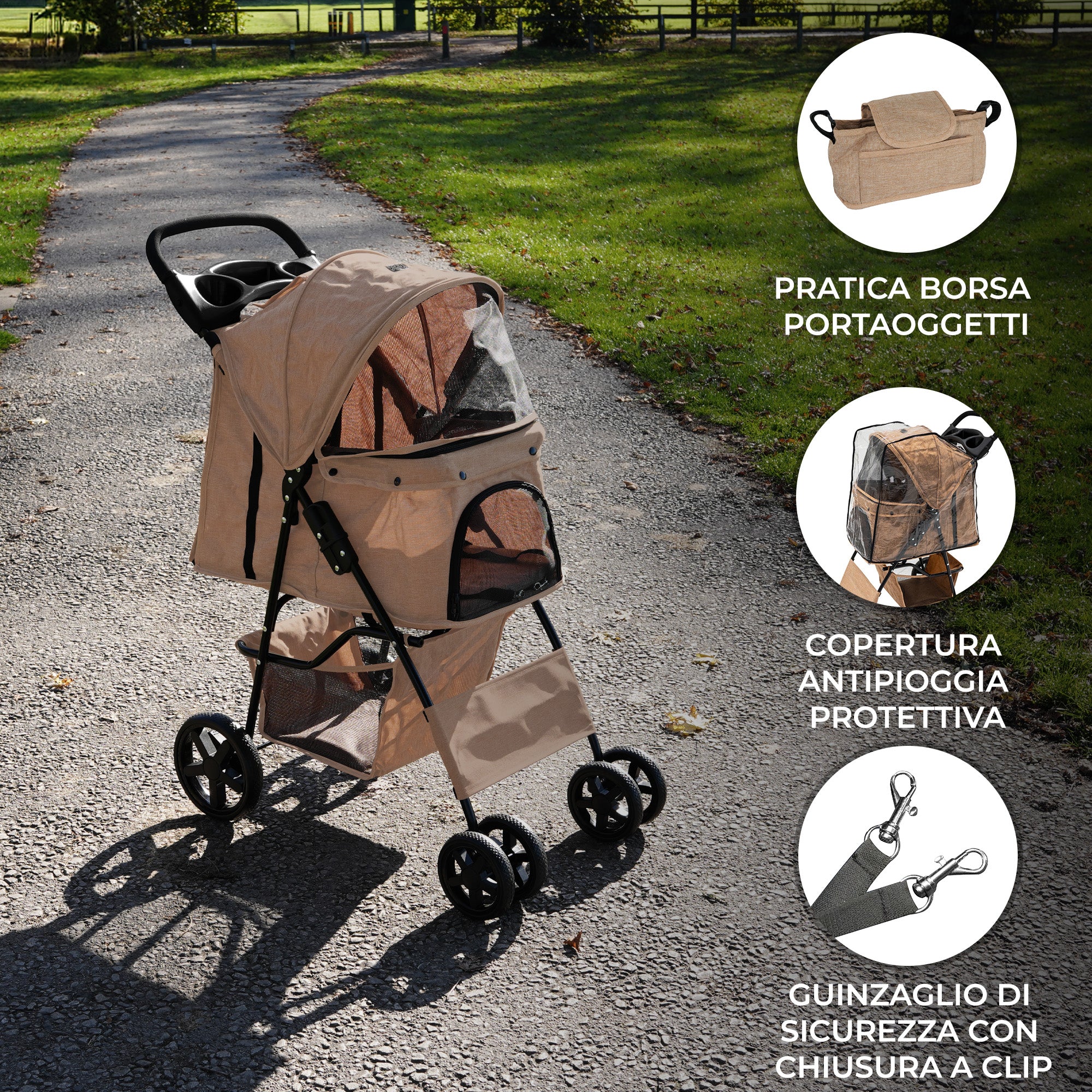 Q-Rax Passeggino Animali Beige Pieghevole 15 kg con Borsa