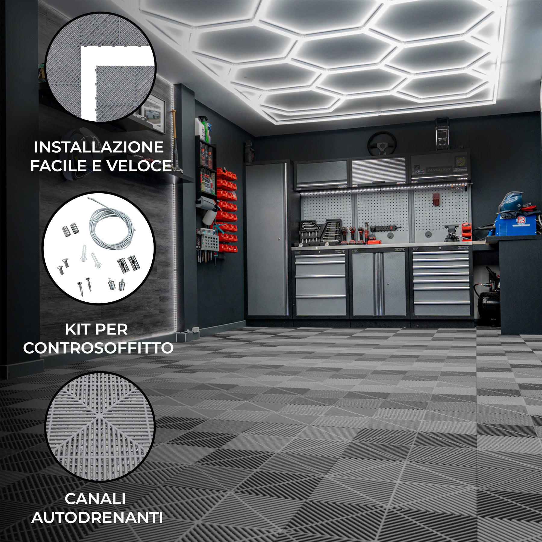 Q-Rax Piastrelle Garage Ventilate Grigie 225 Pezzi LED 36mq
