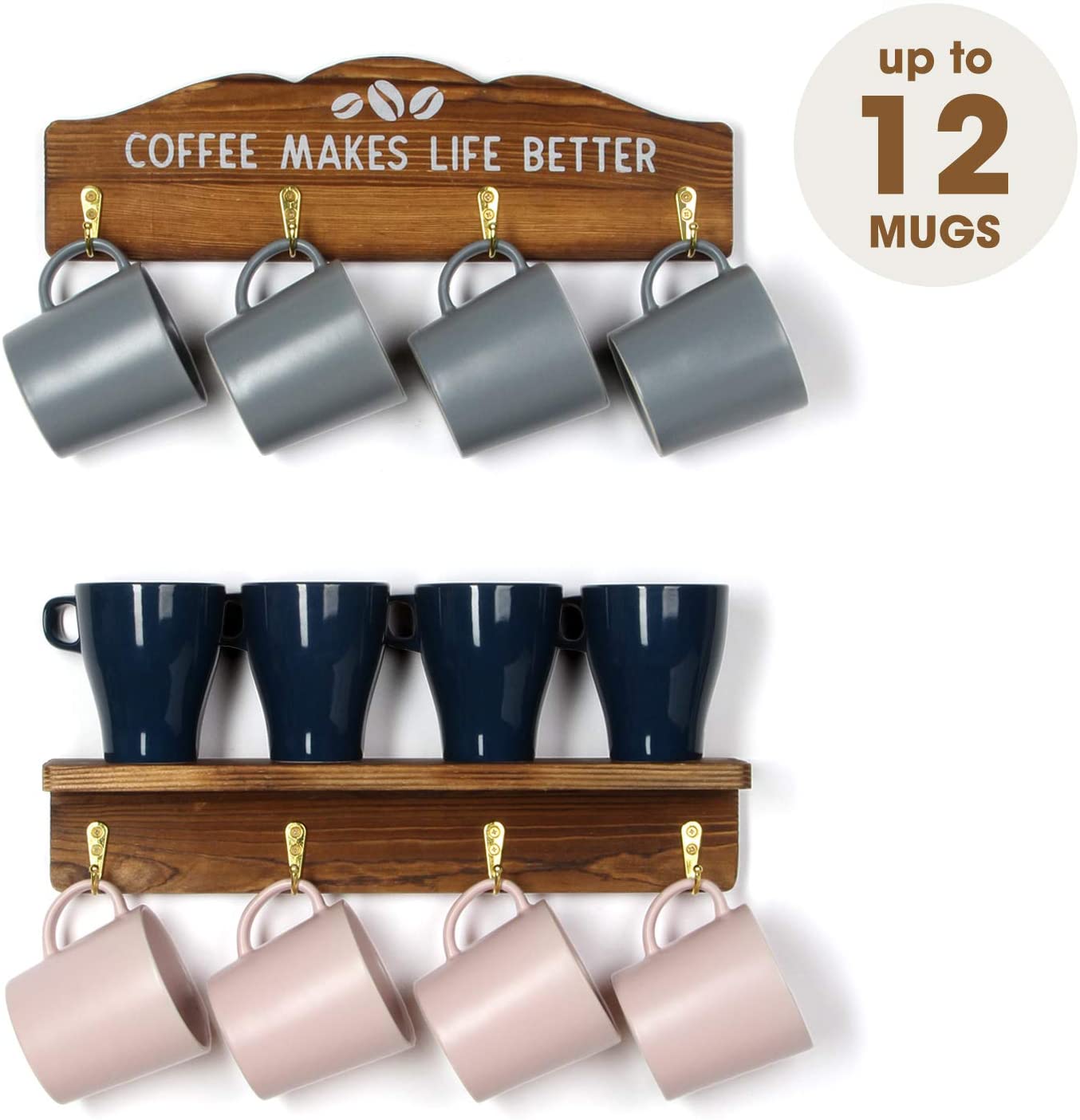 Jackcube Design Kitchen Portatazze Parete Legno Set 2 Pezzi 8 Ganci
