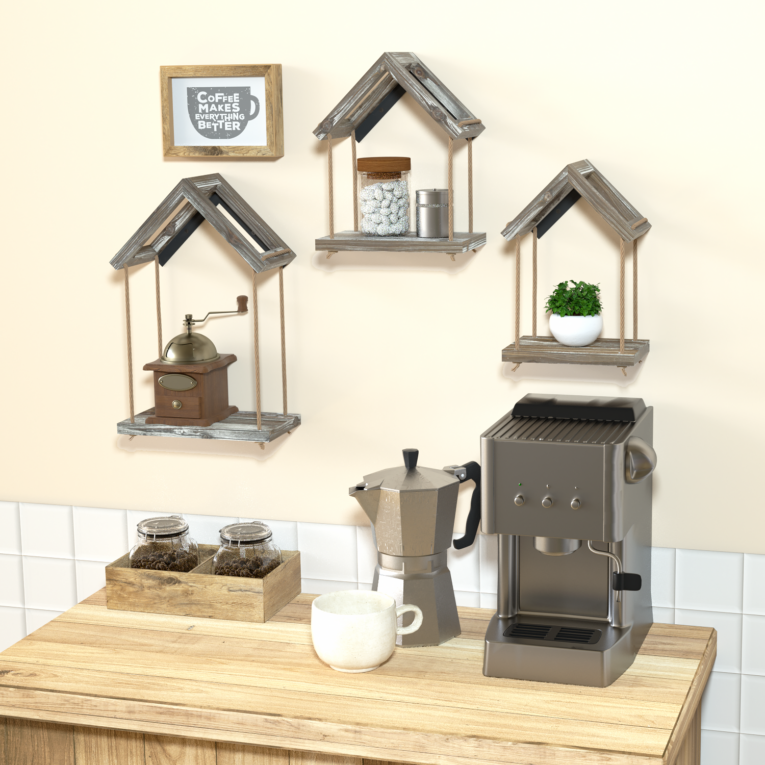 Jackcube Design Living Room Set 3 Mensole Sospese Legno Corda Casa