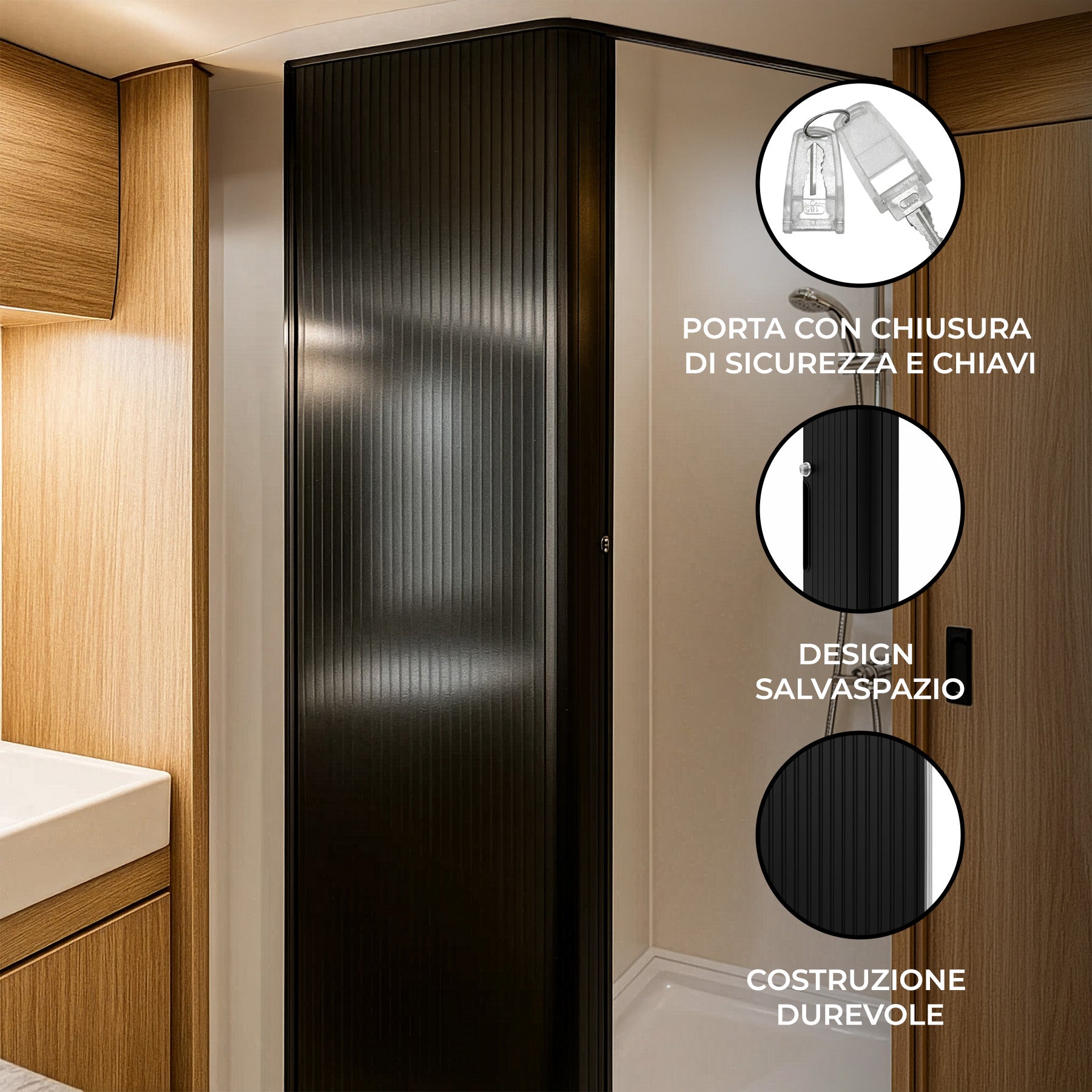 Q-Rax Porta a Soffietto Doccia Nera 200x60 cm per Camper