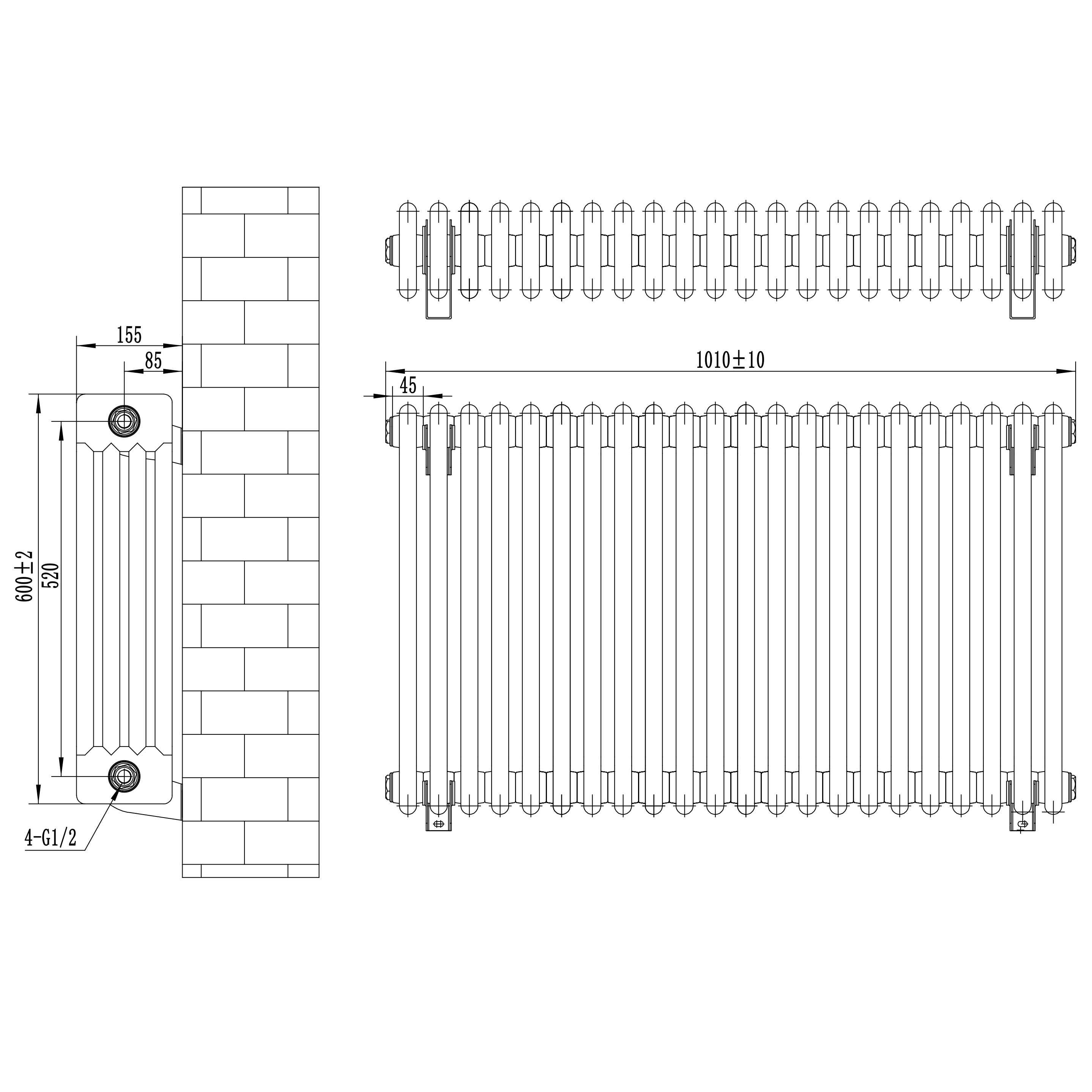 Q-Rax Radiatori Tradizionali 4 Colonne 600x1010 mm Nero Valvole