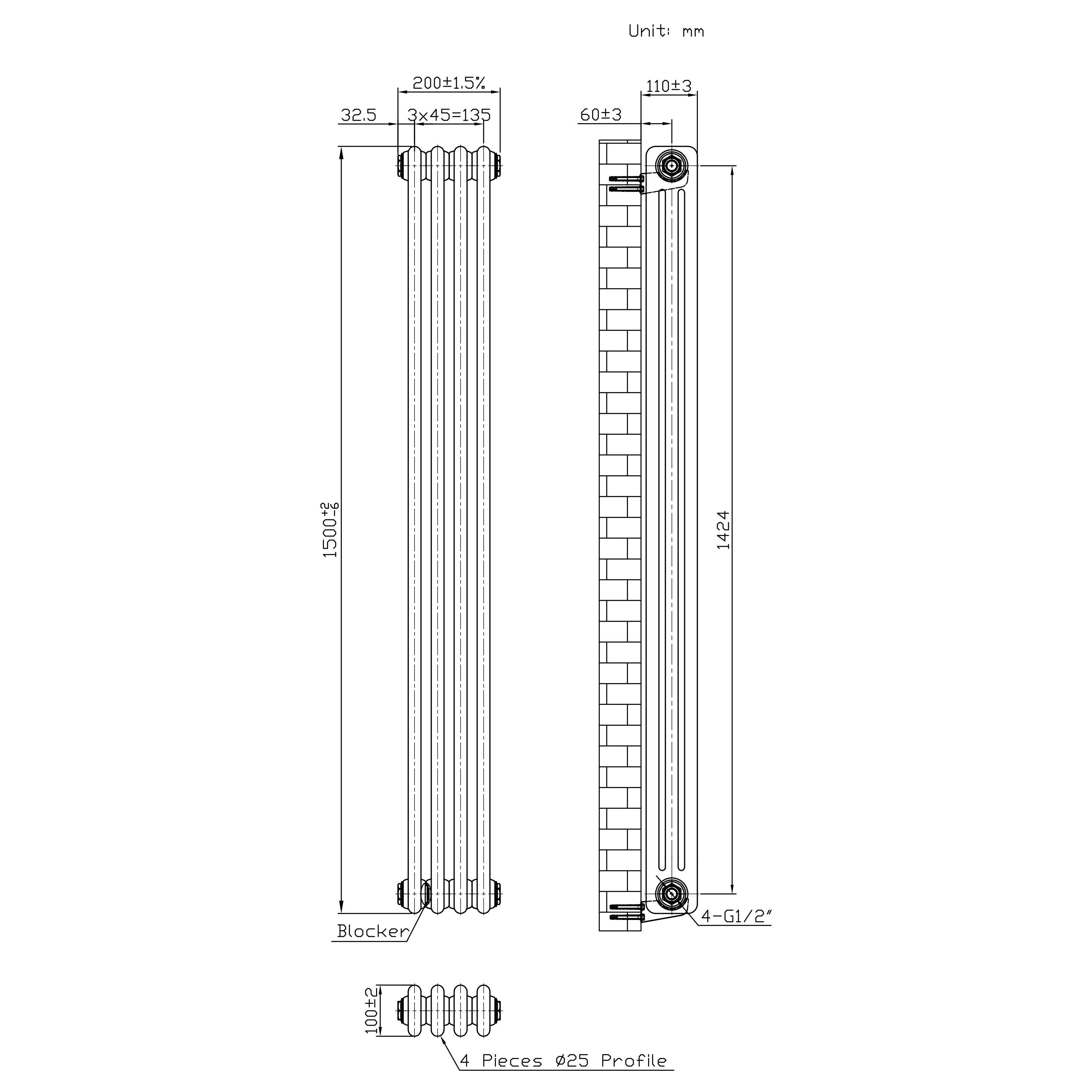 Q-Rax Radiatore Tradizionale 3 Colonne 1500x200 Metallo Grezzo