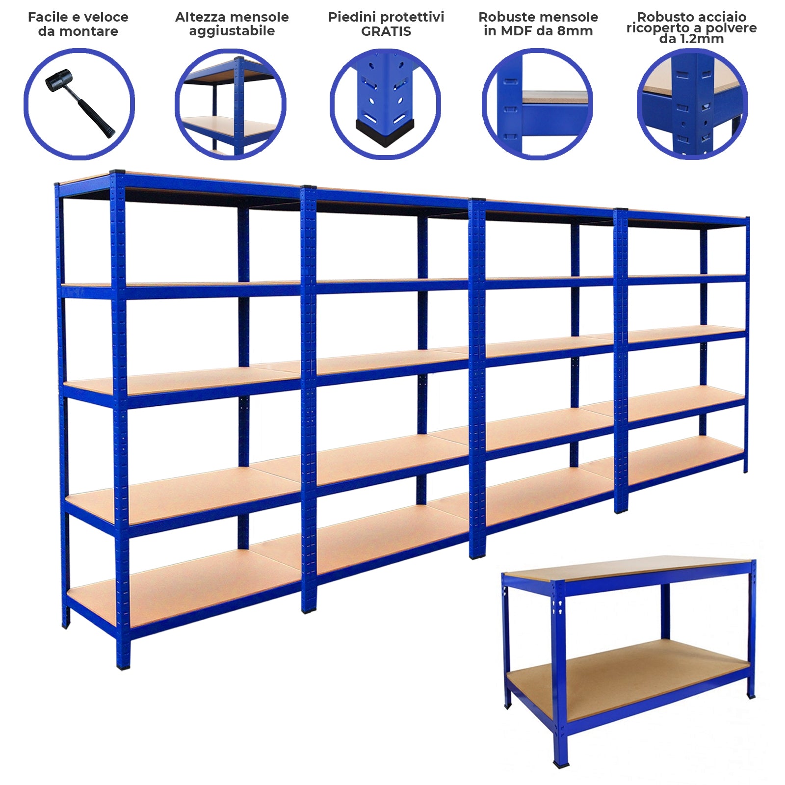 Q-Rax T-Rax Scaffale 90x180x45 280kg + Banco Lavoro Set