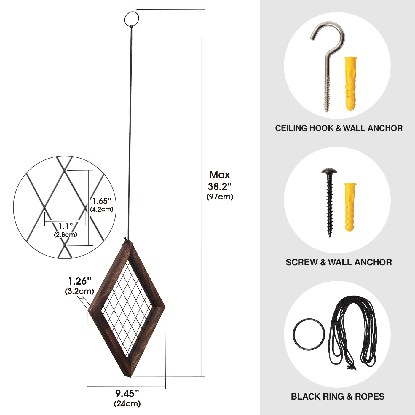 Jackcube Plant Portapiante Sospeso Diamante Legno Rete Corda