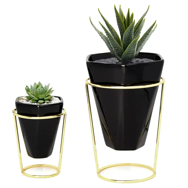 Jackcube Design Plant Set 2 Vasi Ceramica Nera con Supporto Oro