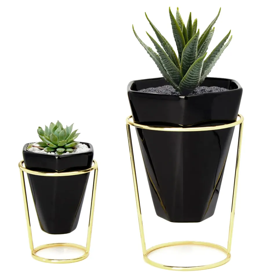 Jackcube Design Plant Set 2 Vasi Ceramica Nera con Supporto Oro