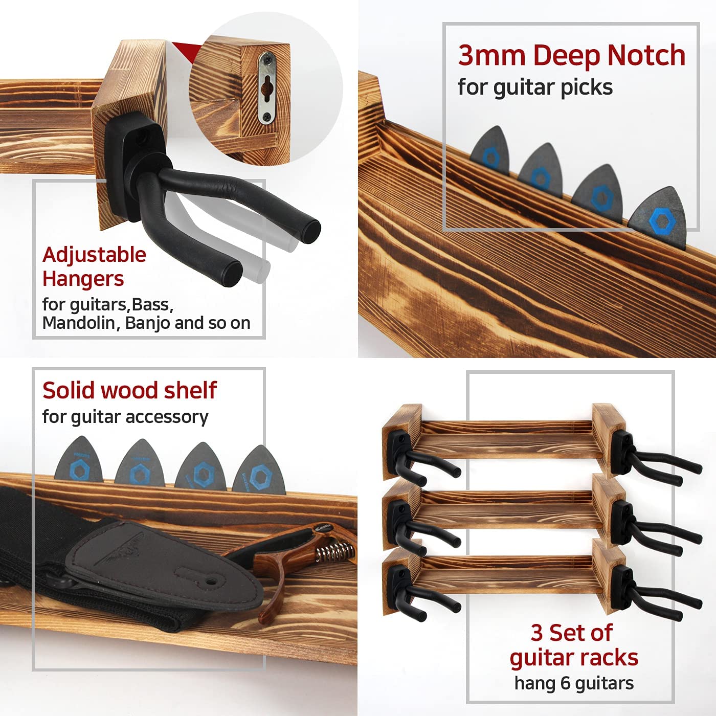 Jackcube Design Display Appendi Chitarra Parete Legno Set 3 Pezzi