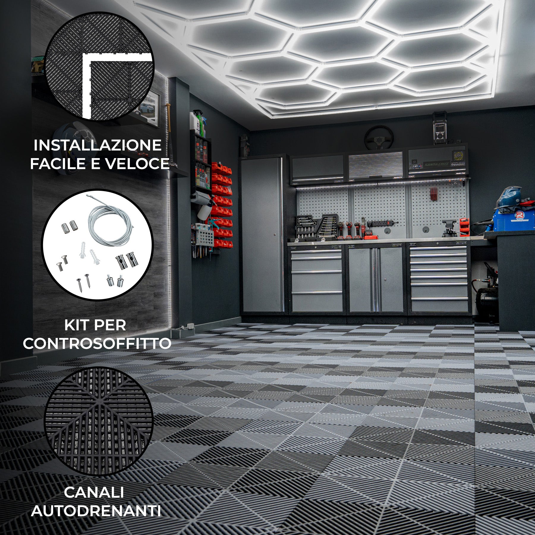 Q-Rax Piastrelle Ventilate Pavimento Garage 60 Nere+60 Grigie LED