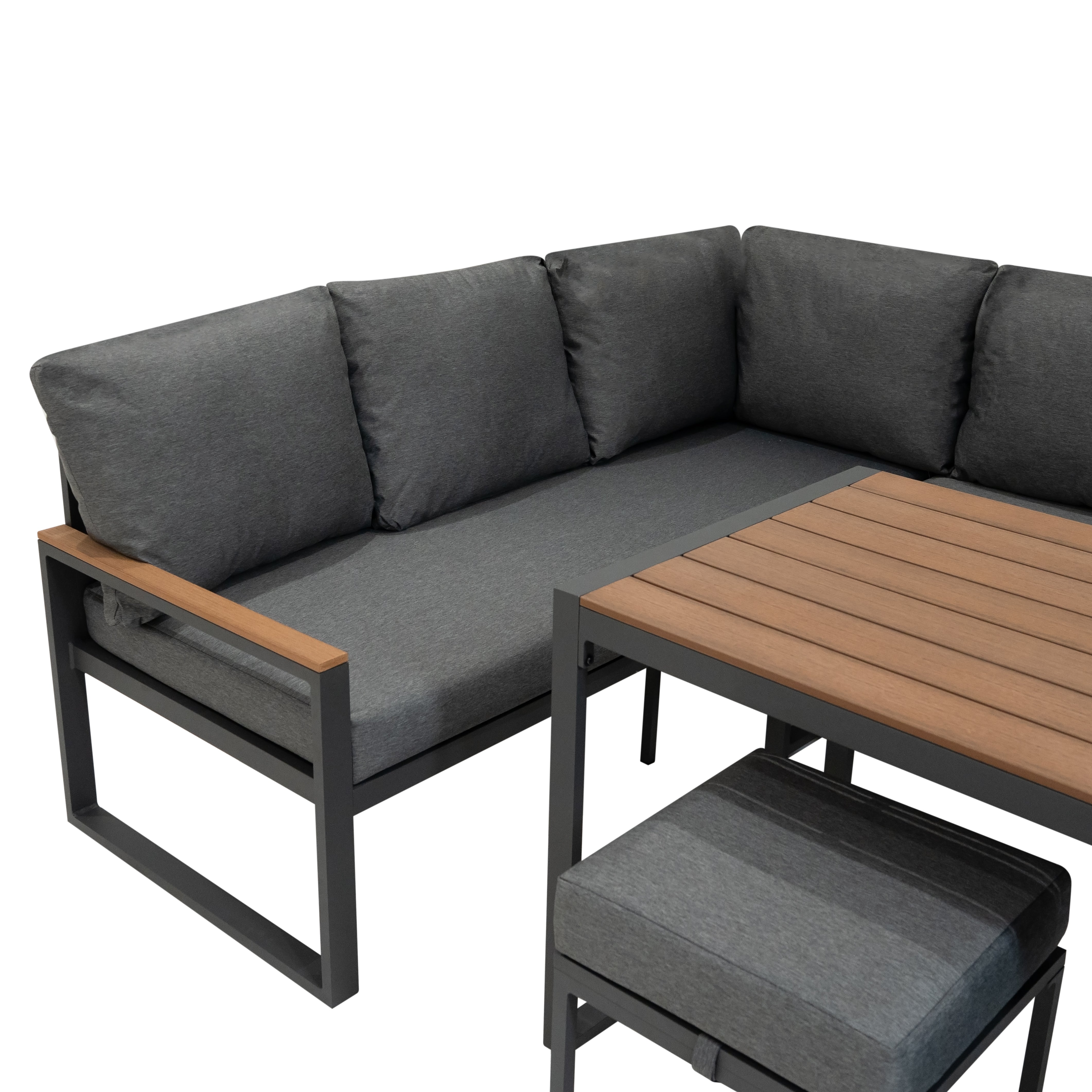 Q-Rax Set Divano Angolare Alluminio Effetto Legno Tavolo Vetro