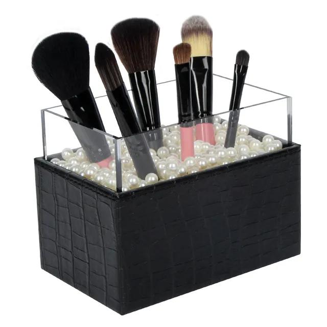 Jackcube Makeup Portapennelli Nero Pelle Perle Bianche