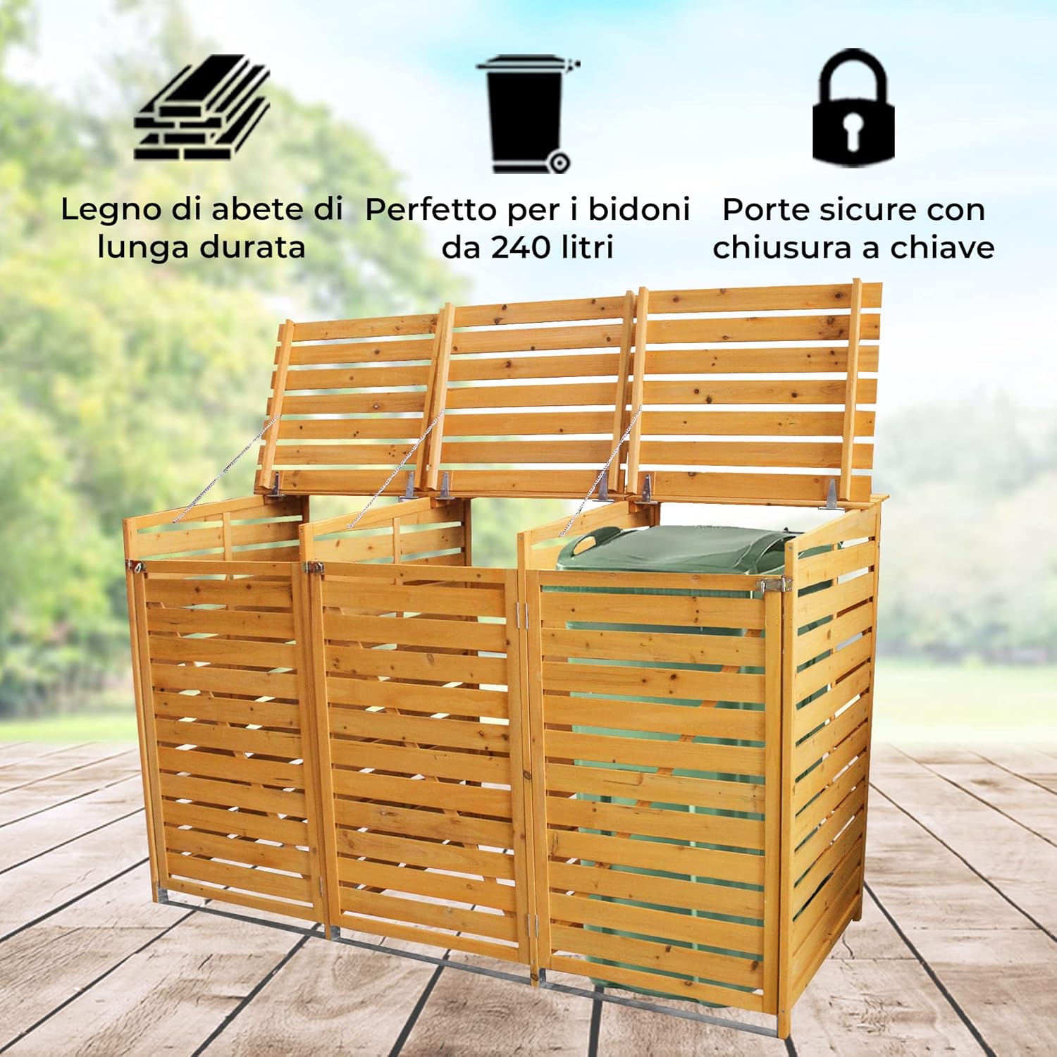 Q-Rax Deposito Copribidone Legno Triplo 3x240L Abete con Chiave
