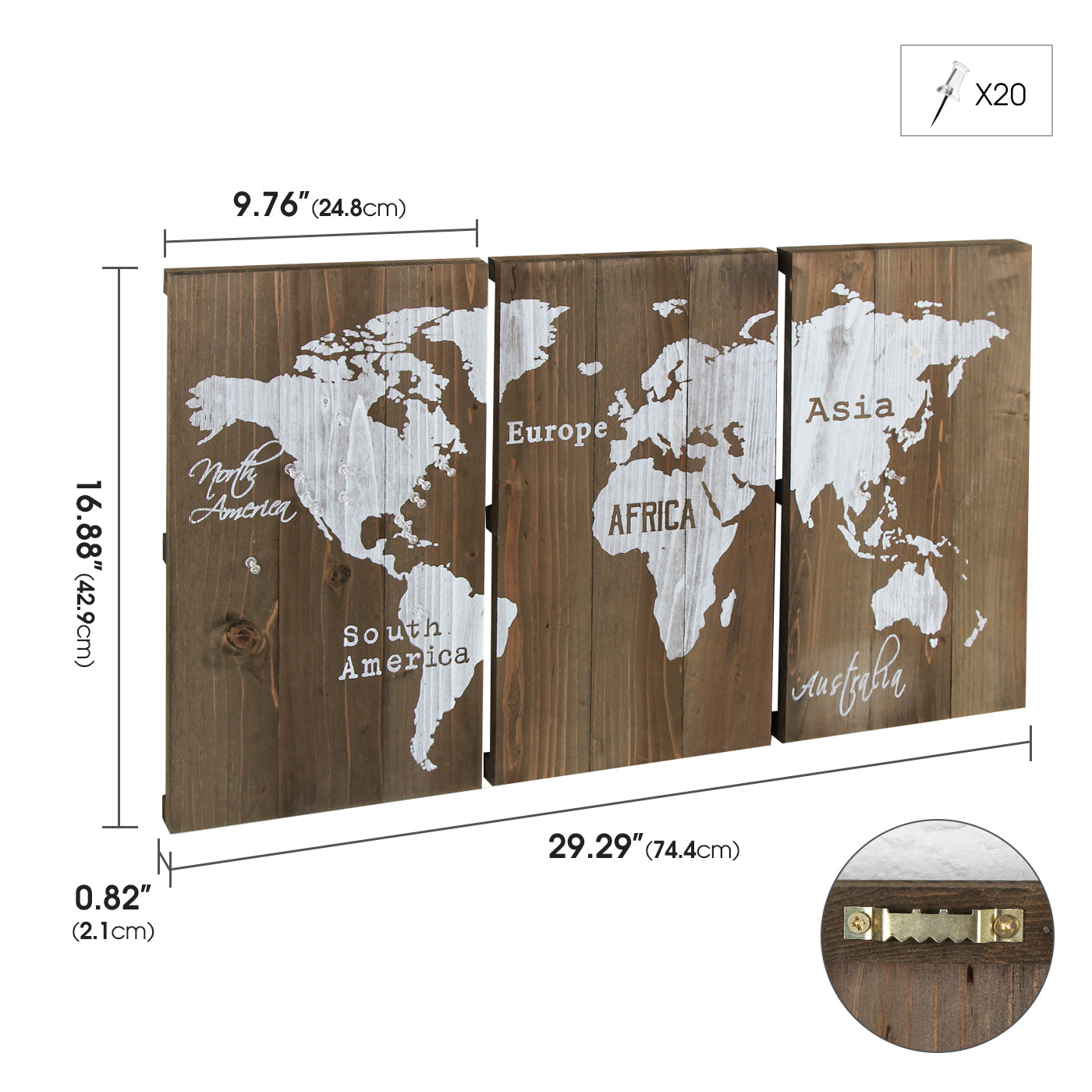 Jackcube Design Wall Décor mappa mondo legno con 20 puntine