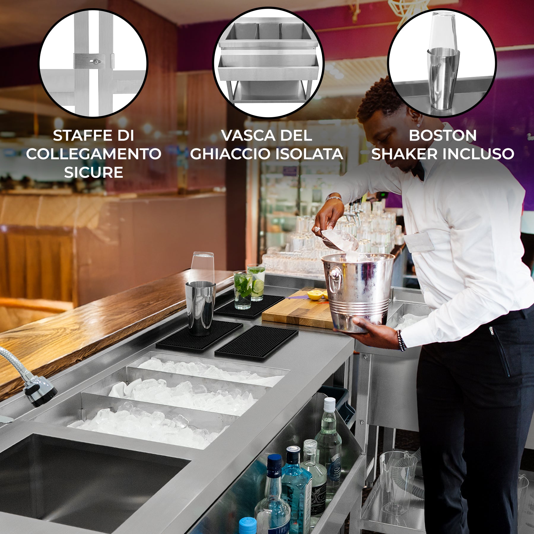 Q-Rax Postazione Cocktail Modulare Acciaio Inox con Pozzo Ghiaccio