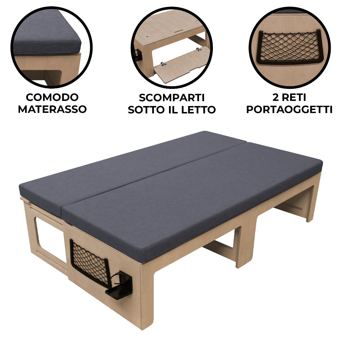 Q-Rax Divano Letto Pieghevole Camper Legno con Vani