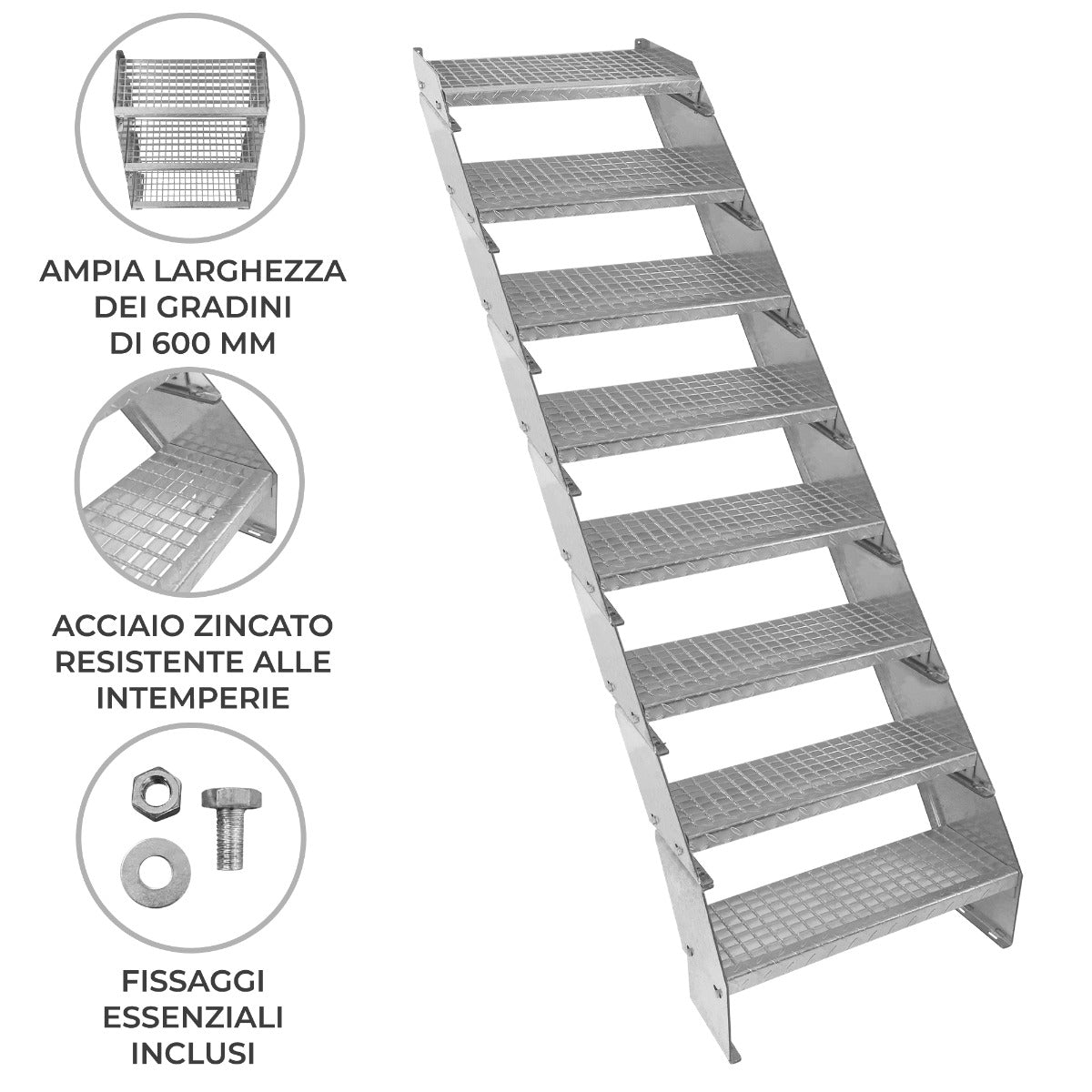 Q-Rax Scala Zincata Regolabile 8 Gradini 600mm Acciaio