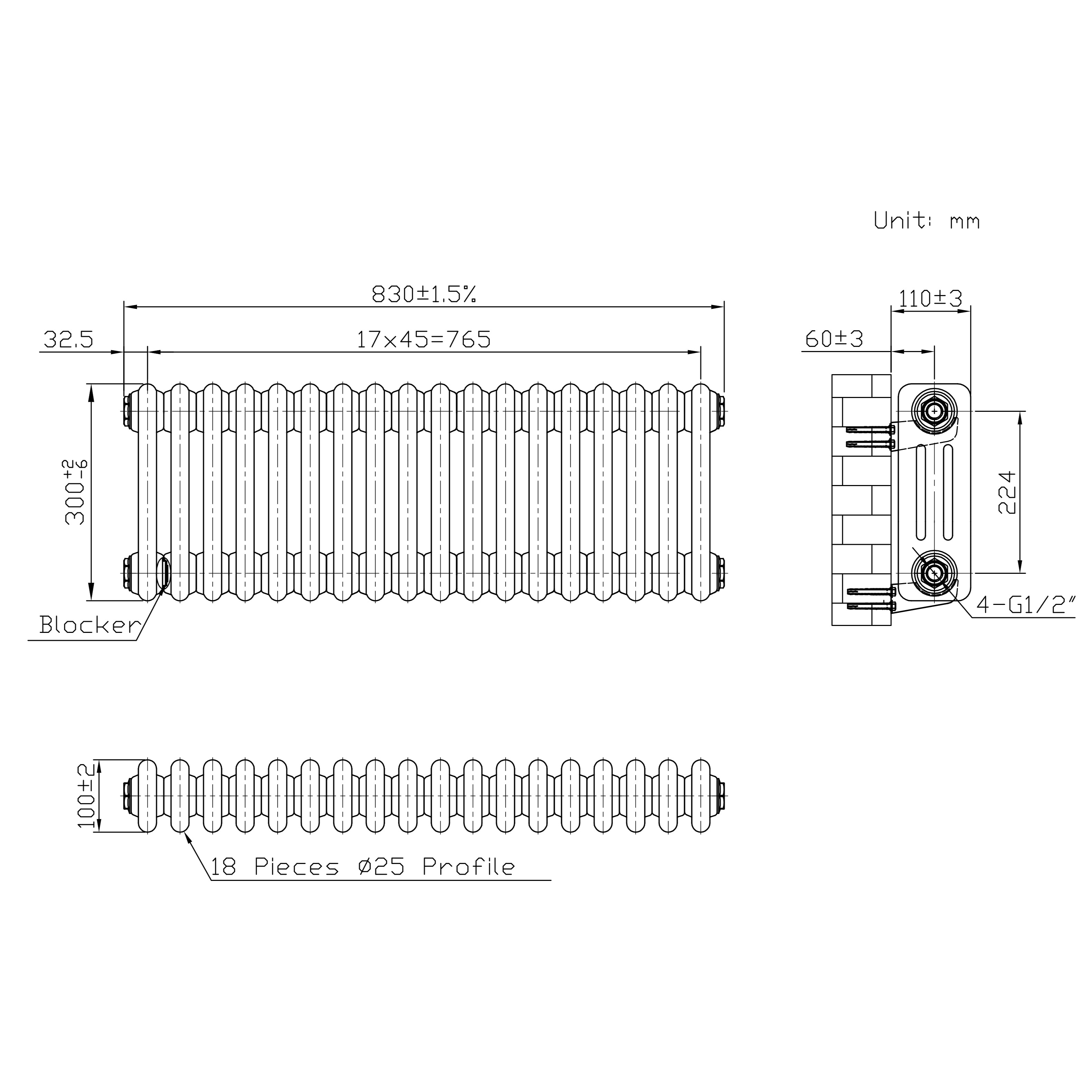 Q-Rax Radiatore 3 Colonne 300x830 Metallo Grezzo con Valvole