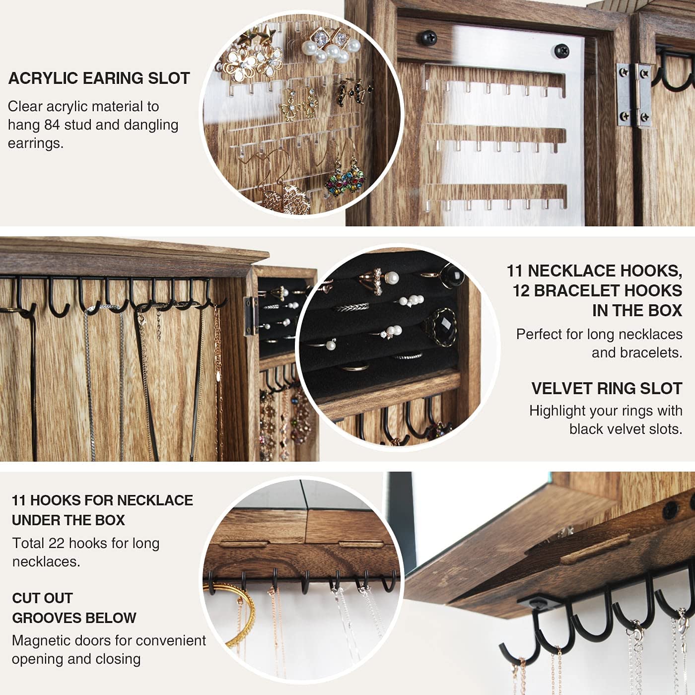 Jackcube Design Armadio Portagioie da Muro Legno Specchio Rustico