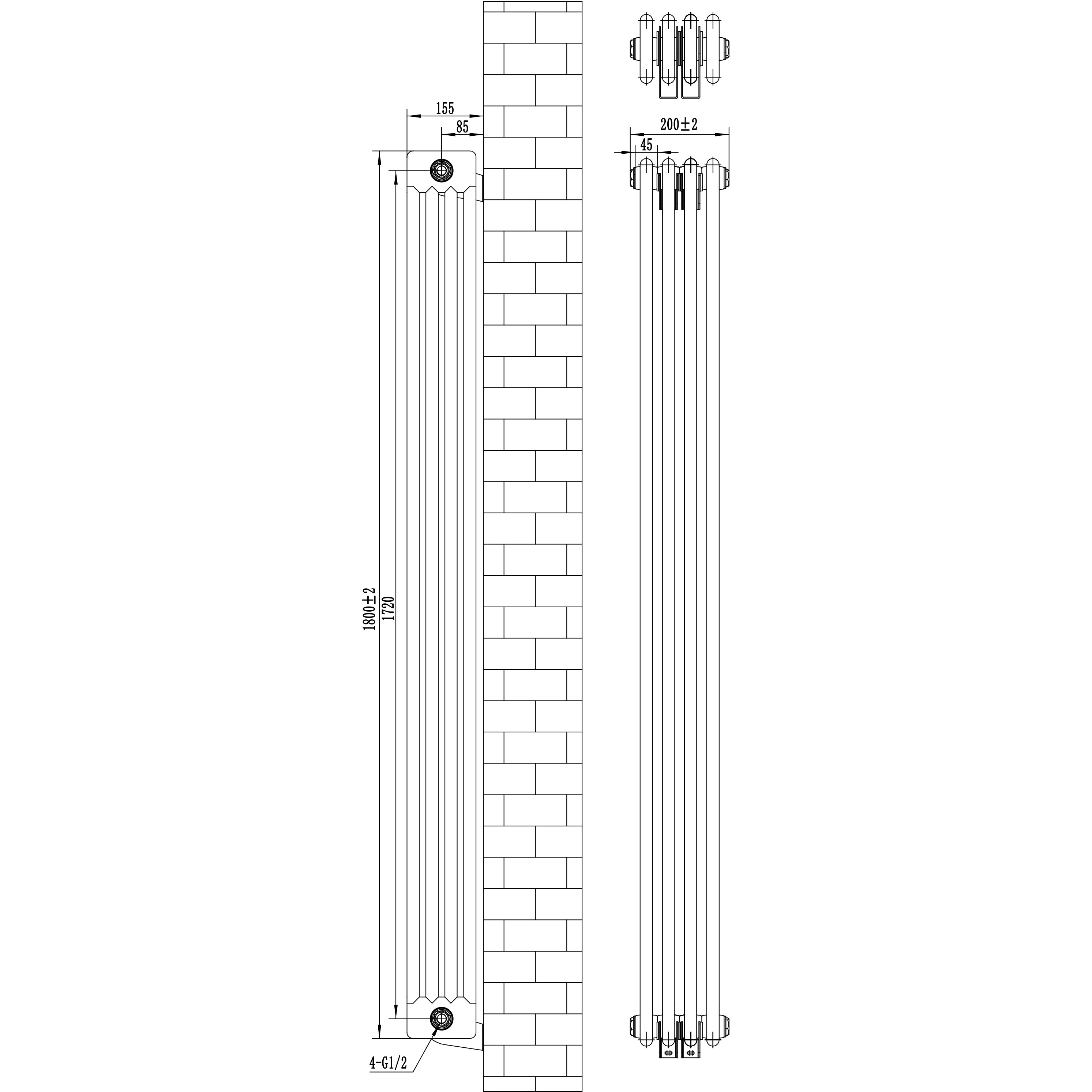 Q-Rax Radiatore 4 Colonne 1800x200 Bianco con Valvole