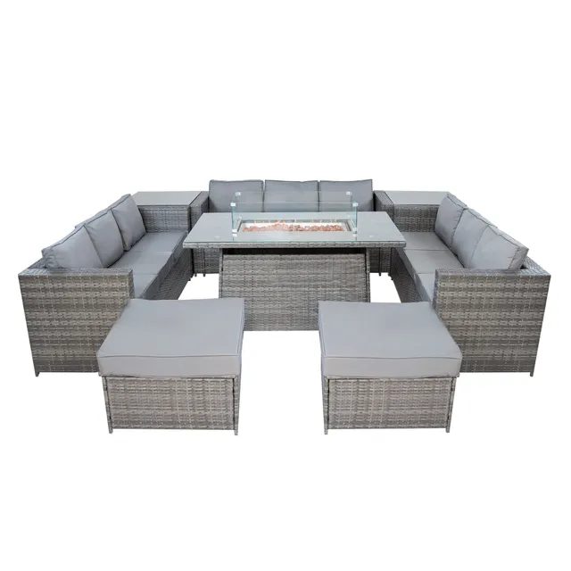 Q-Rax Set Mobili Giardino Rattan 11 Posti Grigio con Tavolo Firepit