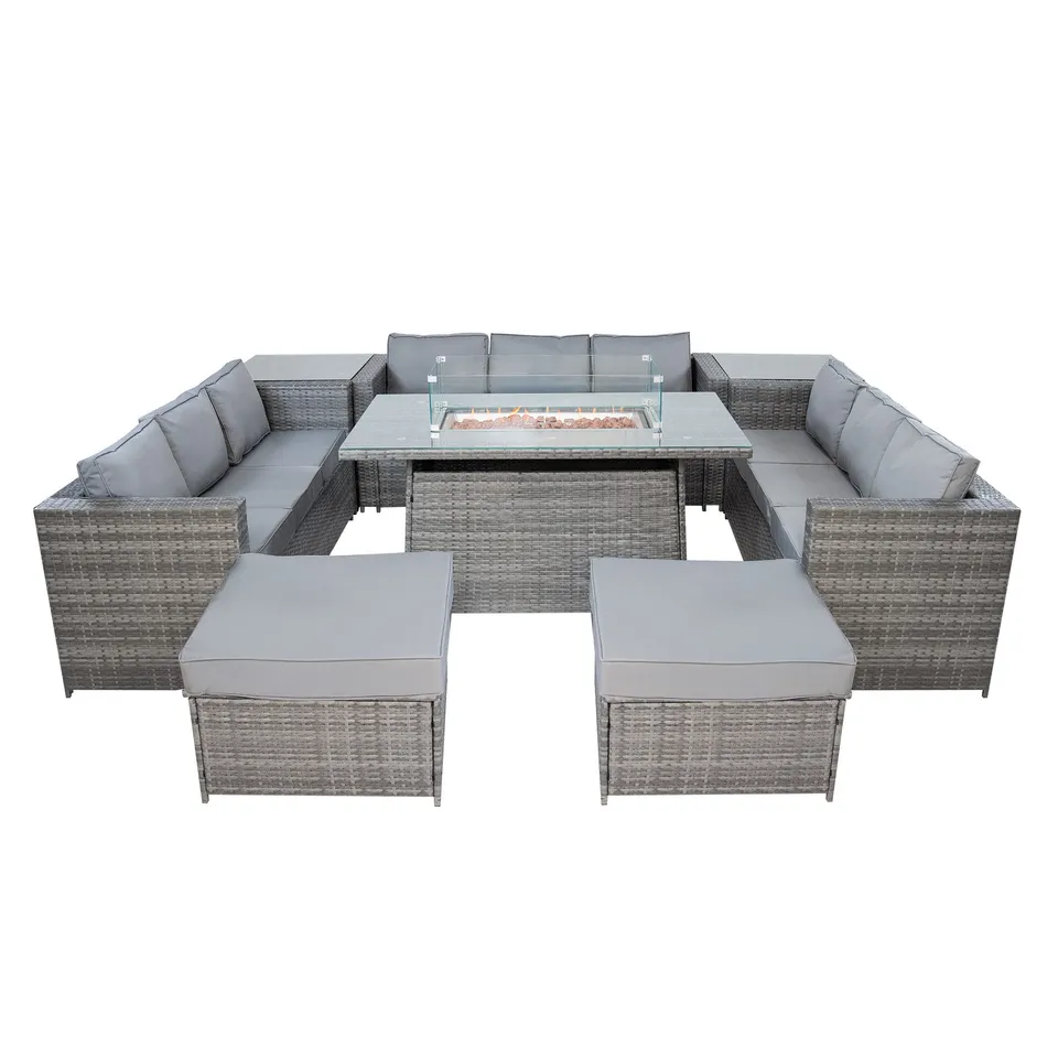 Q-Rax Set Mobili Giardino Rattan 11 Posti Grigio con Tavolo Firepit