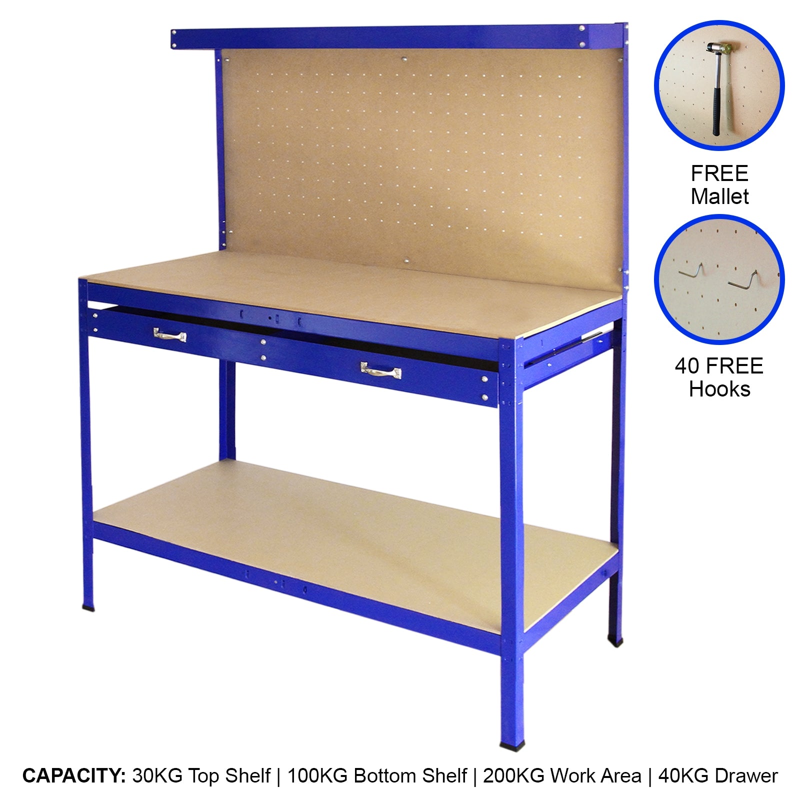 Q-Rax Banco Lavoro Blu 120cm con Pannello 40 Ganci Cassetto