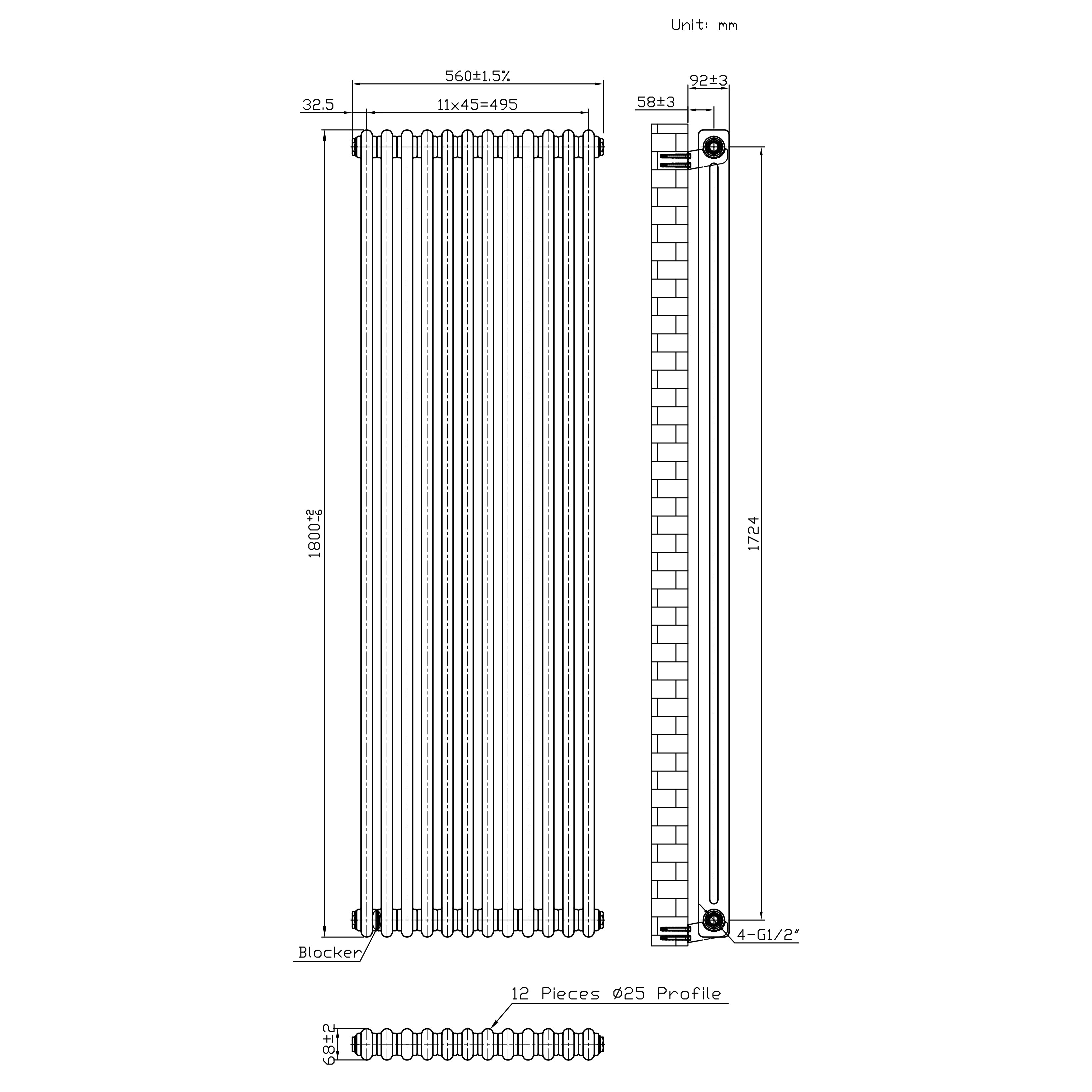 Q-Rax Radiatore 2 Colonne 1800x560 mm Termosifone Grezzo
