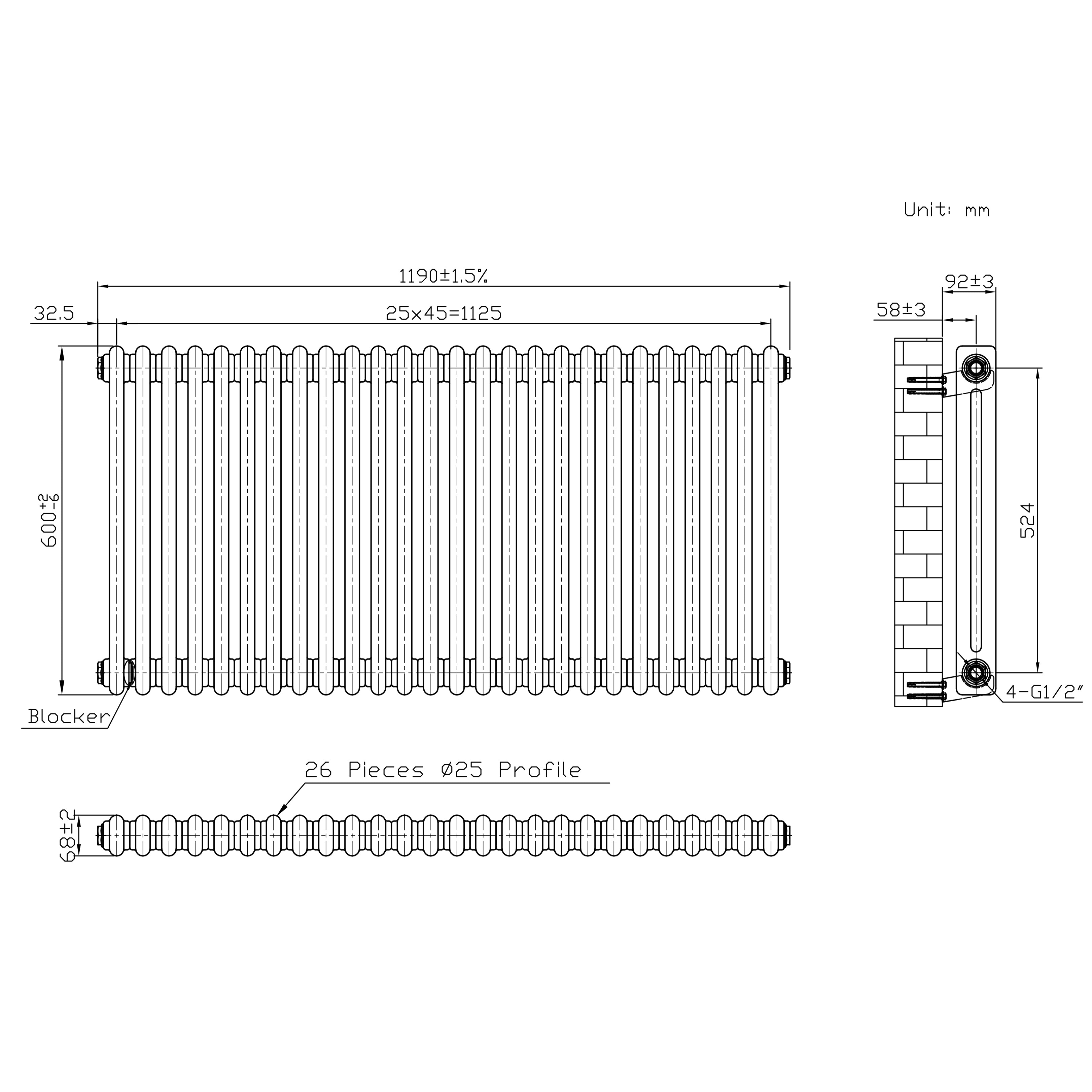 Q-Rax Radiatore Tradizionale 2 Colonne 600x1190 Metallo Grezzo