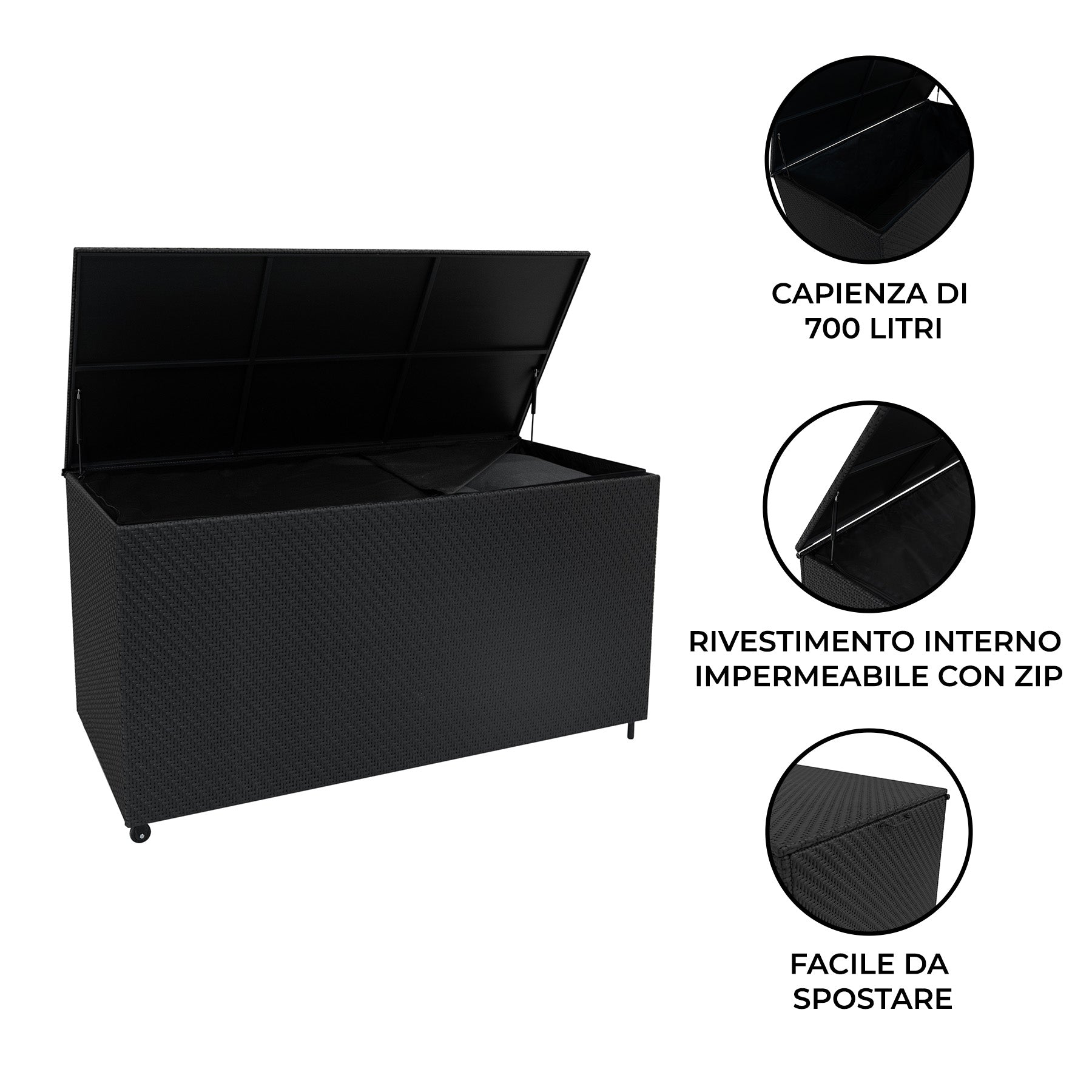 Q-Rax Baule Rattan Nero 700L Contenitore Esterno Impermeabile