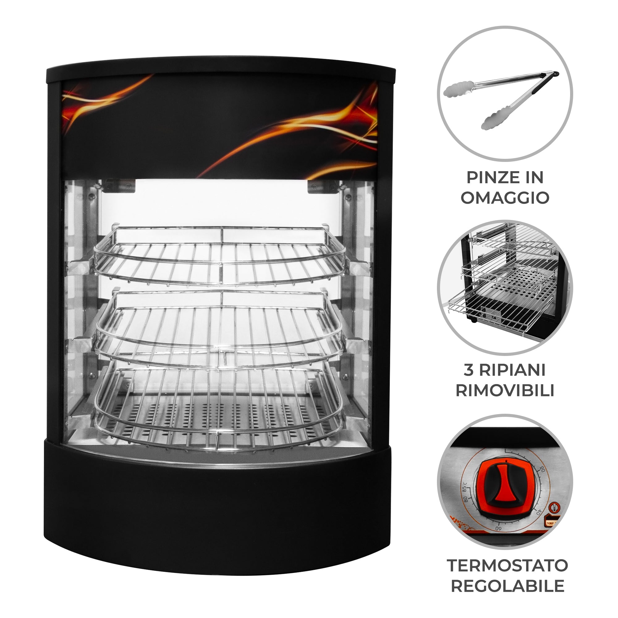 Q-Rax vetrina pizza riscaldata vetro nero 3 ripiani 500W