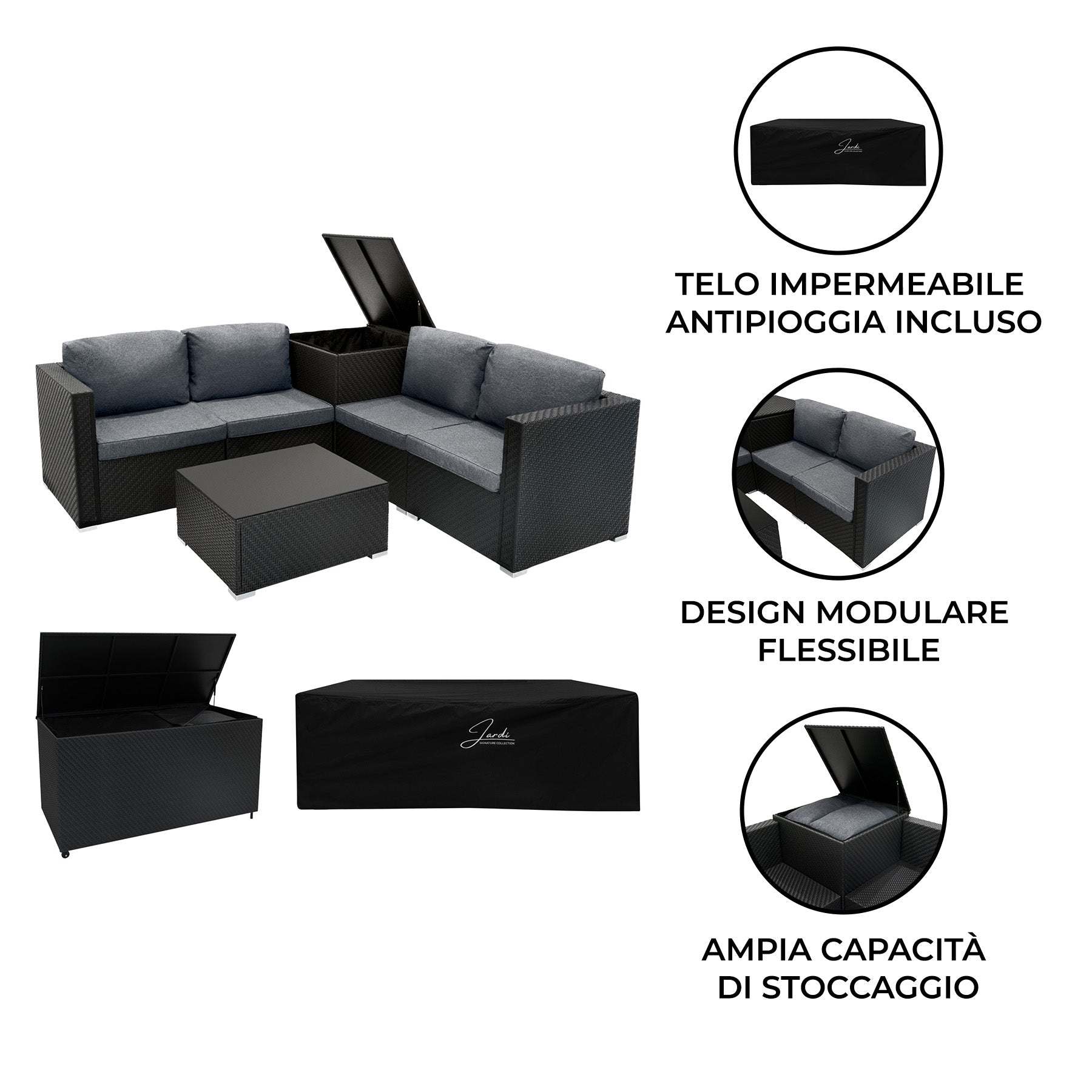 Q-Rax Set Rattan Nero 6 Pezzi Tavolino Bauli 250L+996L Giardino