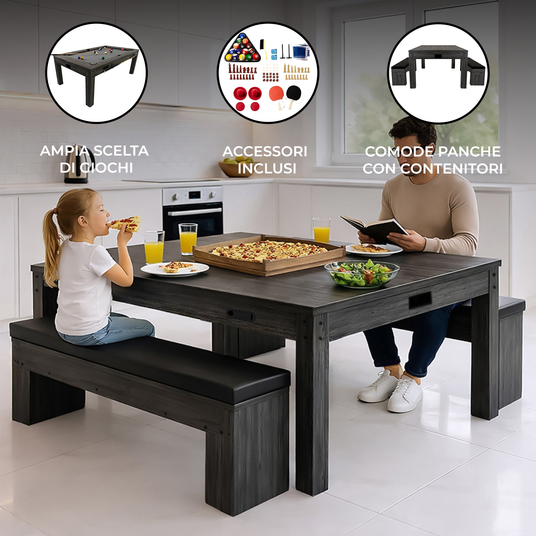 Q-Rax Tavolo Giochi 7-in-1 Tavolo Biliardo Grigio con Panche