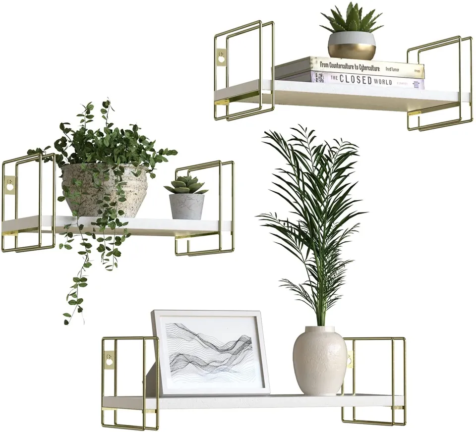 Jackcube Design Living Room Set 3 Mensole Bianche Oro Legno