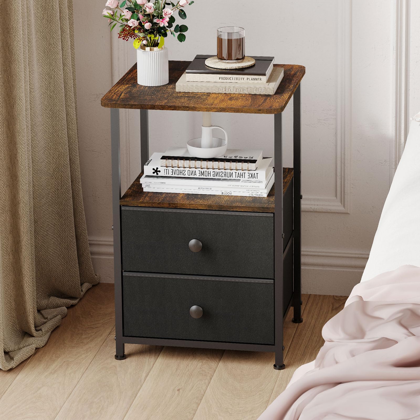 Meltrck Comodino 40x40x62 Industriale 2 Cassetti Marrone