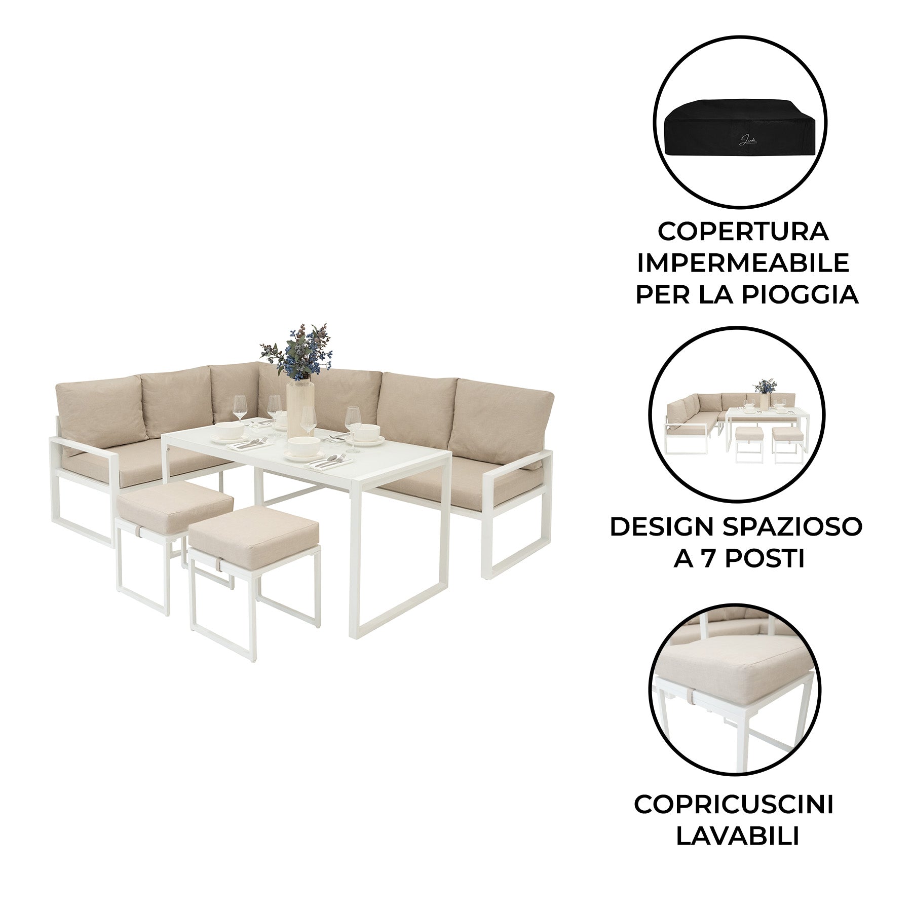 Q-Rax Mobili da Esterno Set Divano Angolare Bianco con Tavolo Vetro