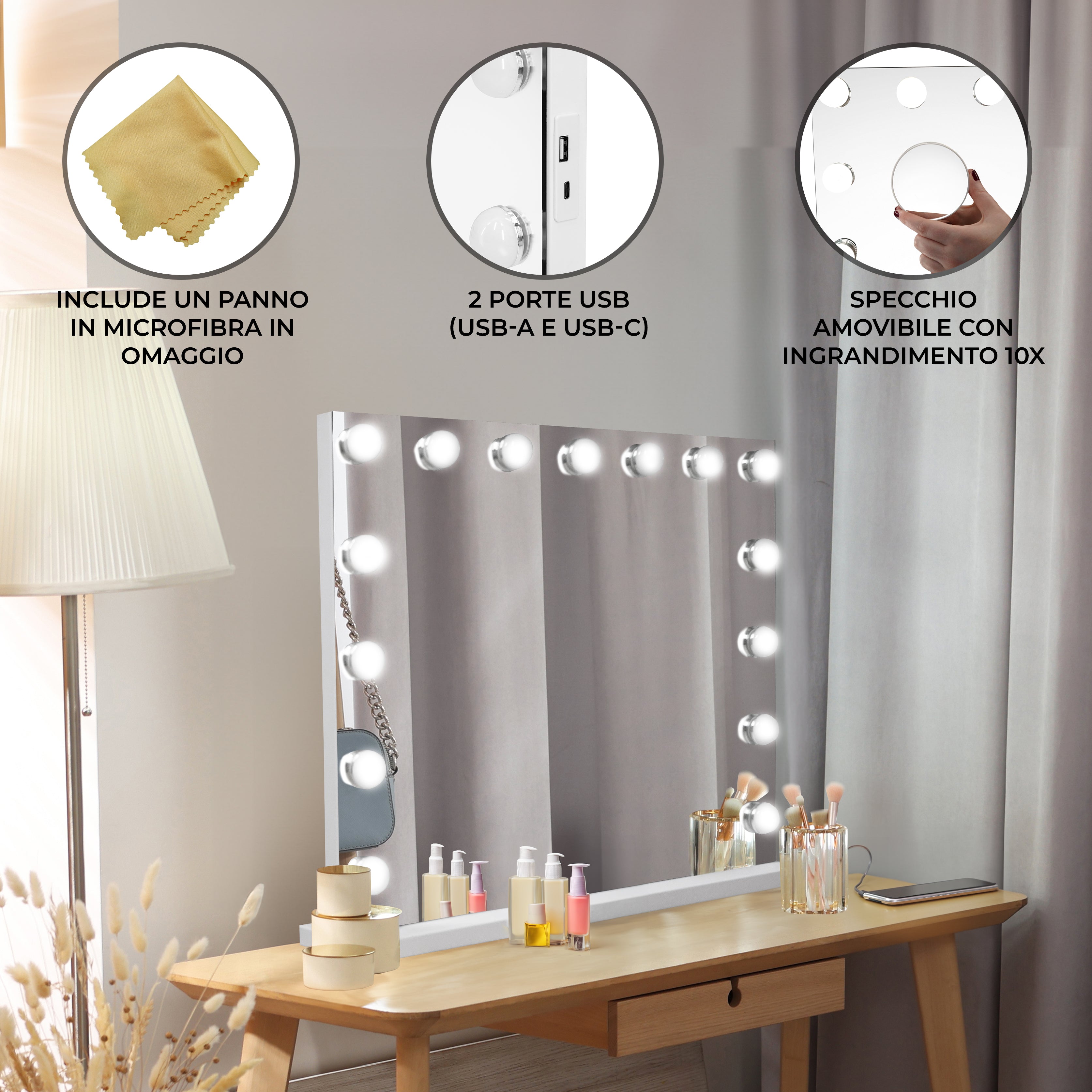 Q-Rax Specchio LED Bluetooth specchio trucco 58x46 cm dimmerabile