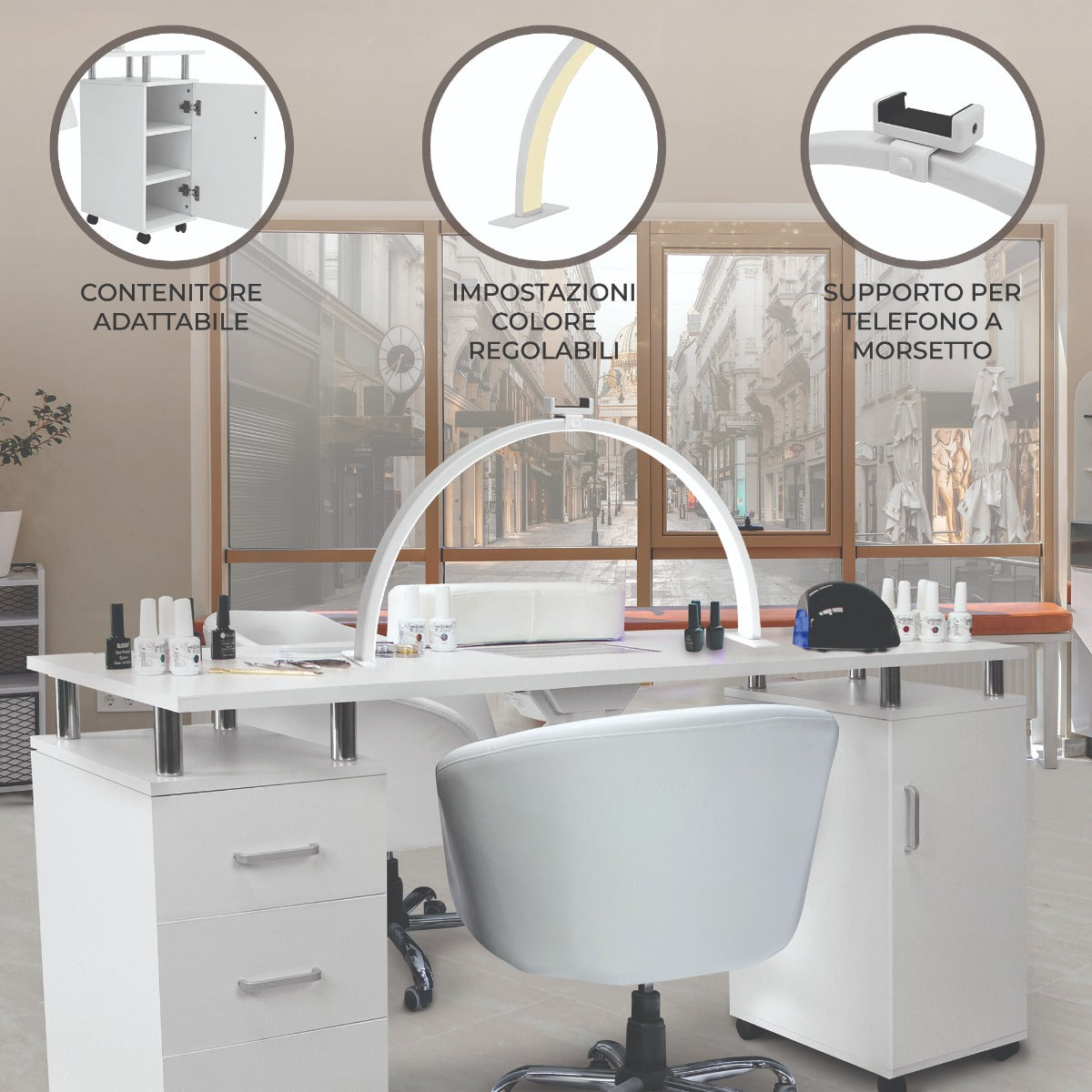 Q-Rax Tavolo Manicure 120cm Bianco con Lampada LED