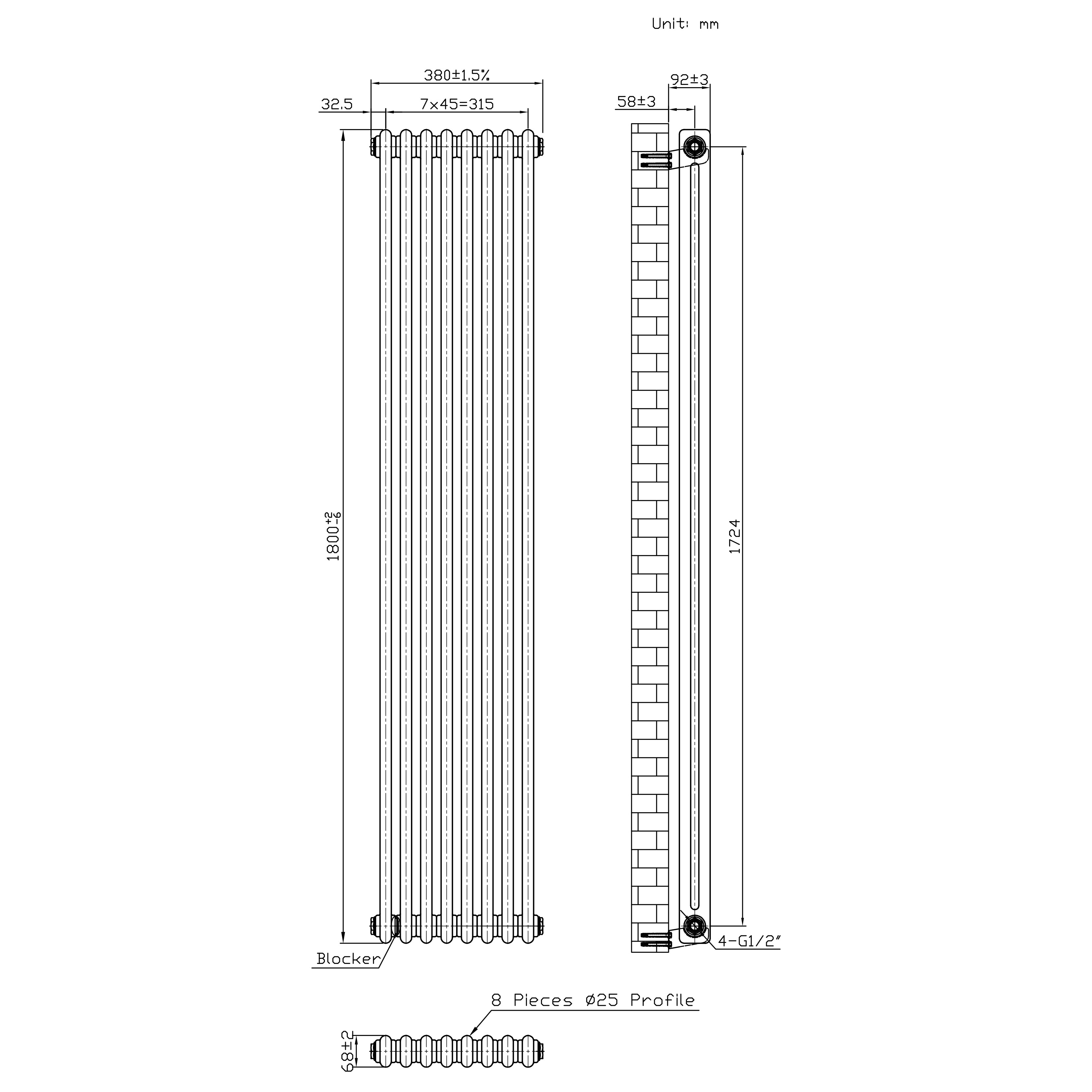 Q-Rax Radiatori Tradizionali 2 Colonne 1800x380 Metallo Grezzo
